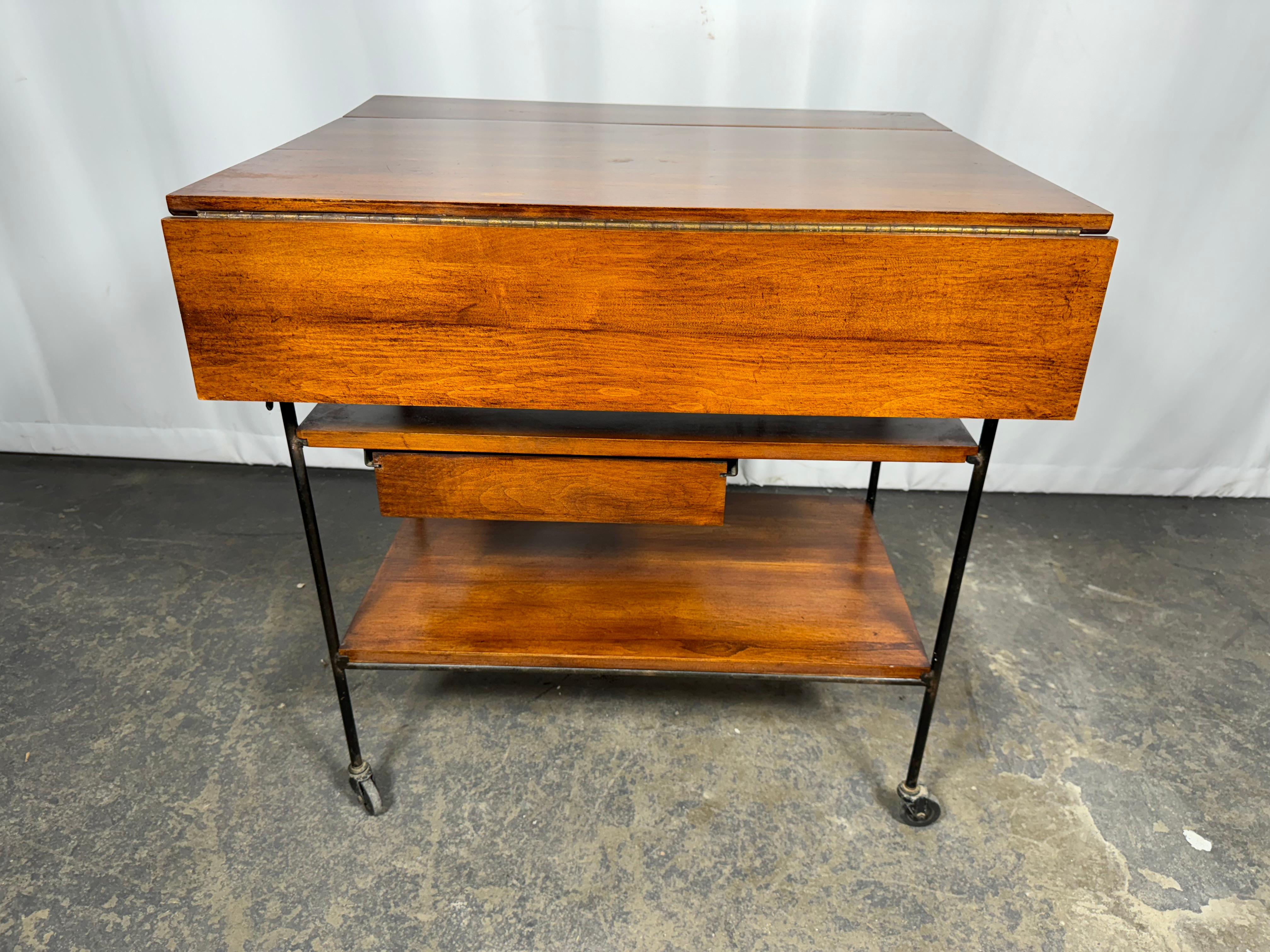 American Modernist Drop leaf Planner Group Bar Cart Table by Paul McCobb . wood & iron For Sale