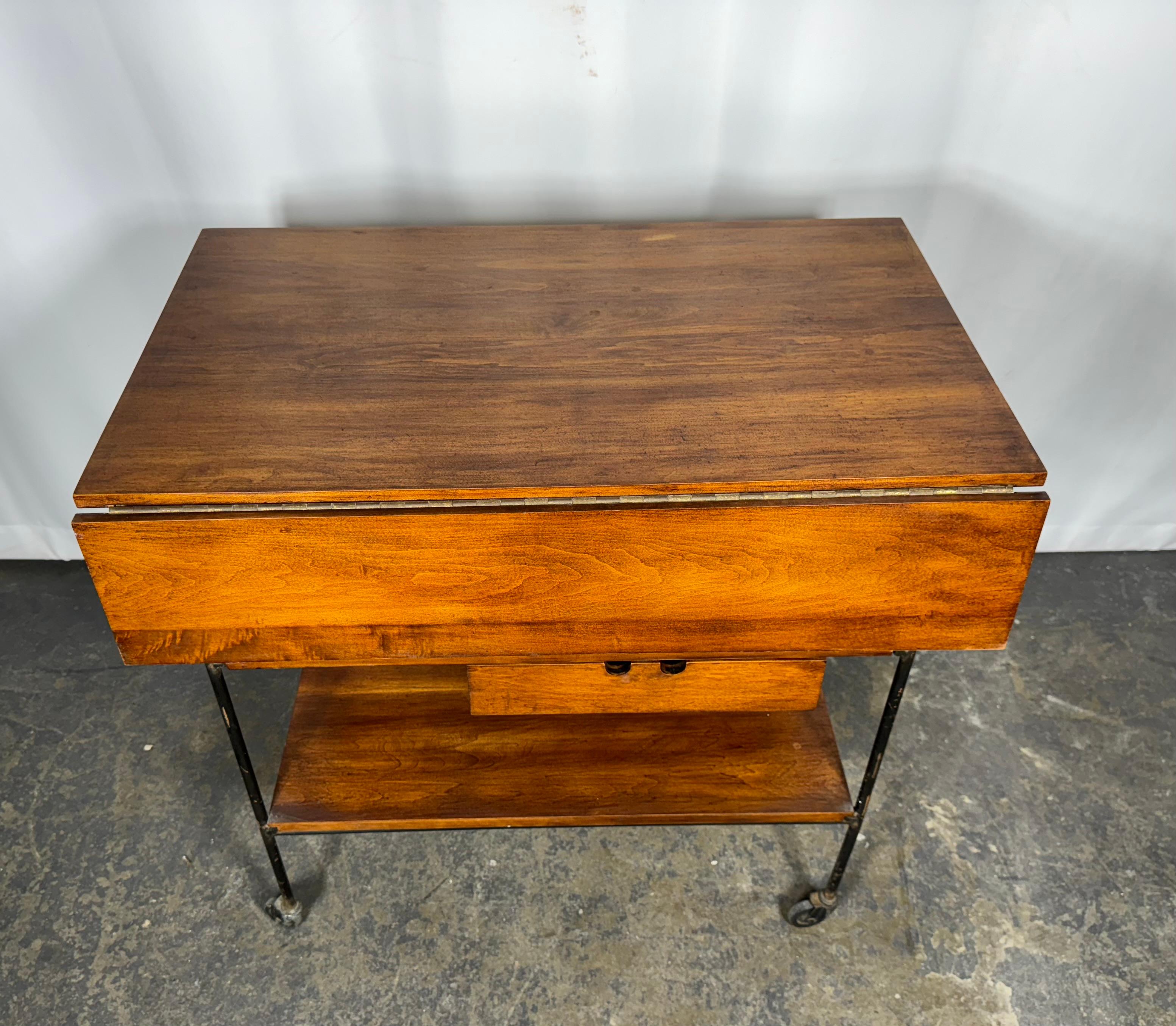 Modernist Drop leaf Planner Group Bar Cart Table by Paul McCobb . wood & iron In Good Condition For Sale In Buffalo, NY