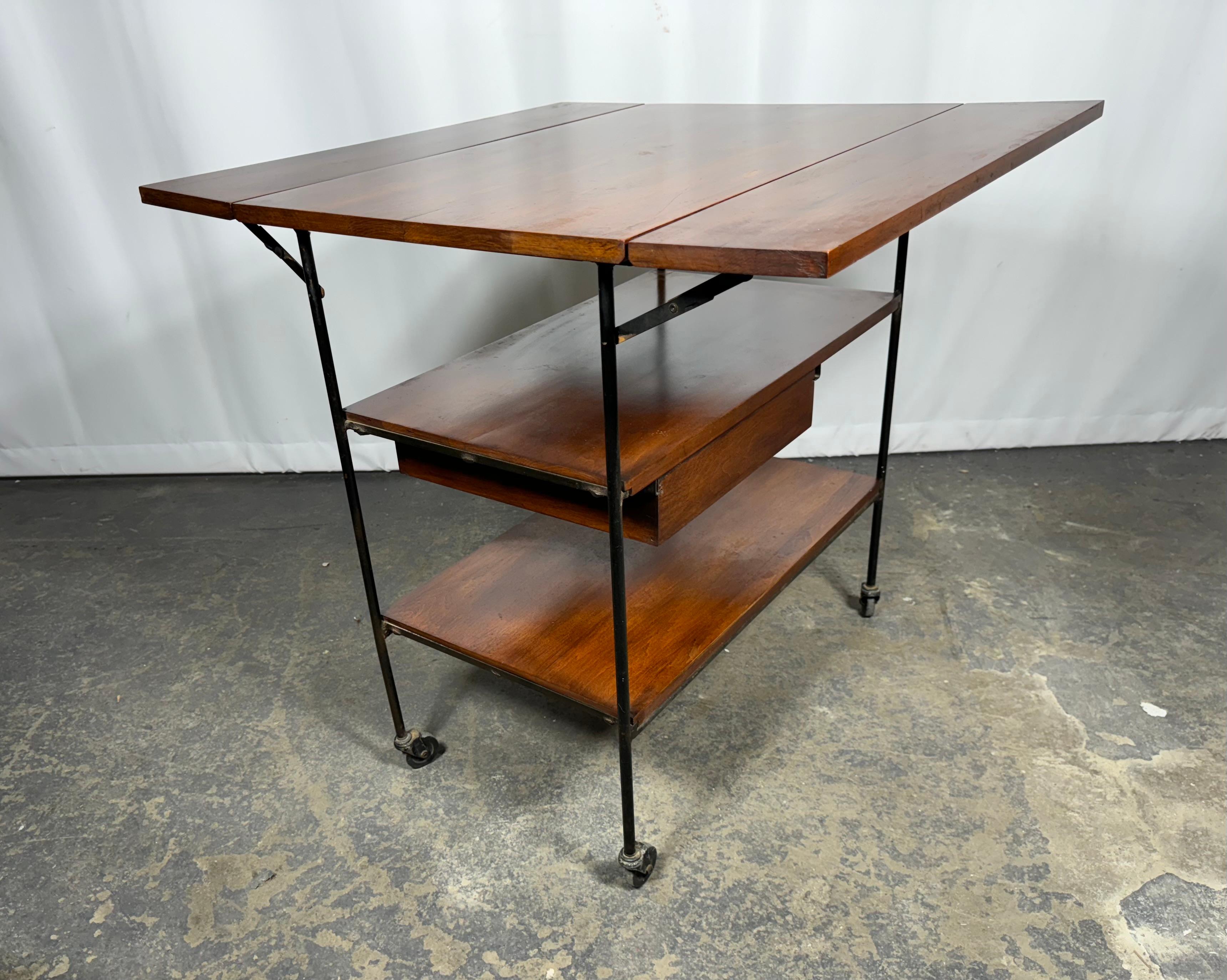 Iron Modernist Drop leaf Planner Group Bar Cart Table by Paul McCobb . wood & iron For Sale
