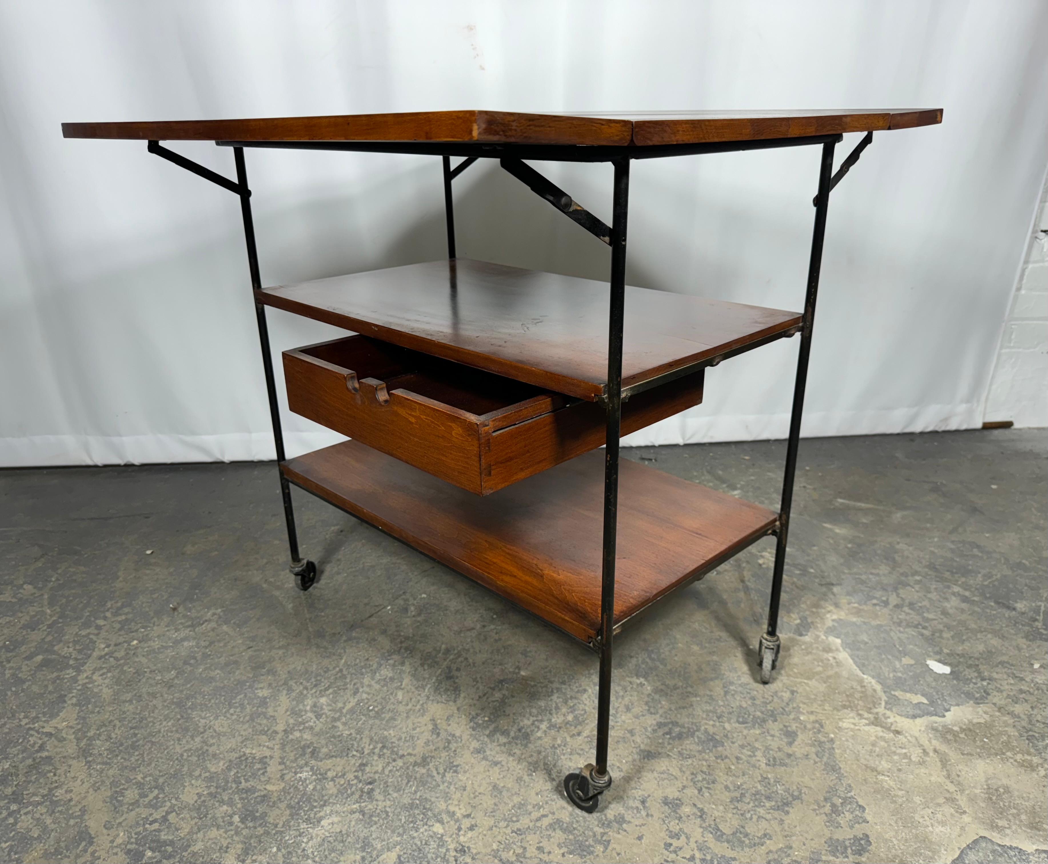 Modernist Drop leaf Planner Group Bar Cart Table by Paul McCobb . wood & iron For Sale 1