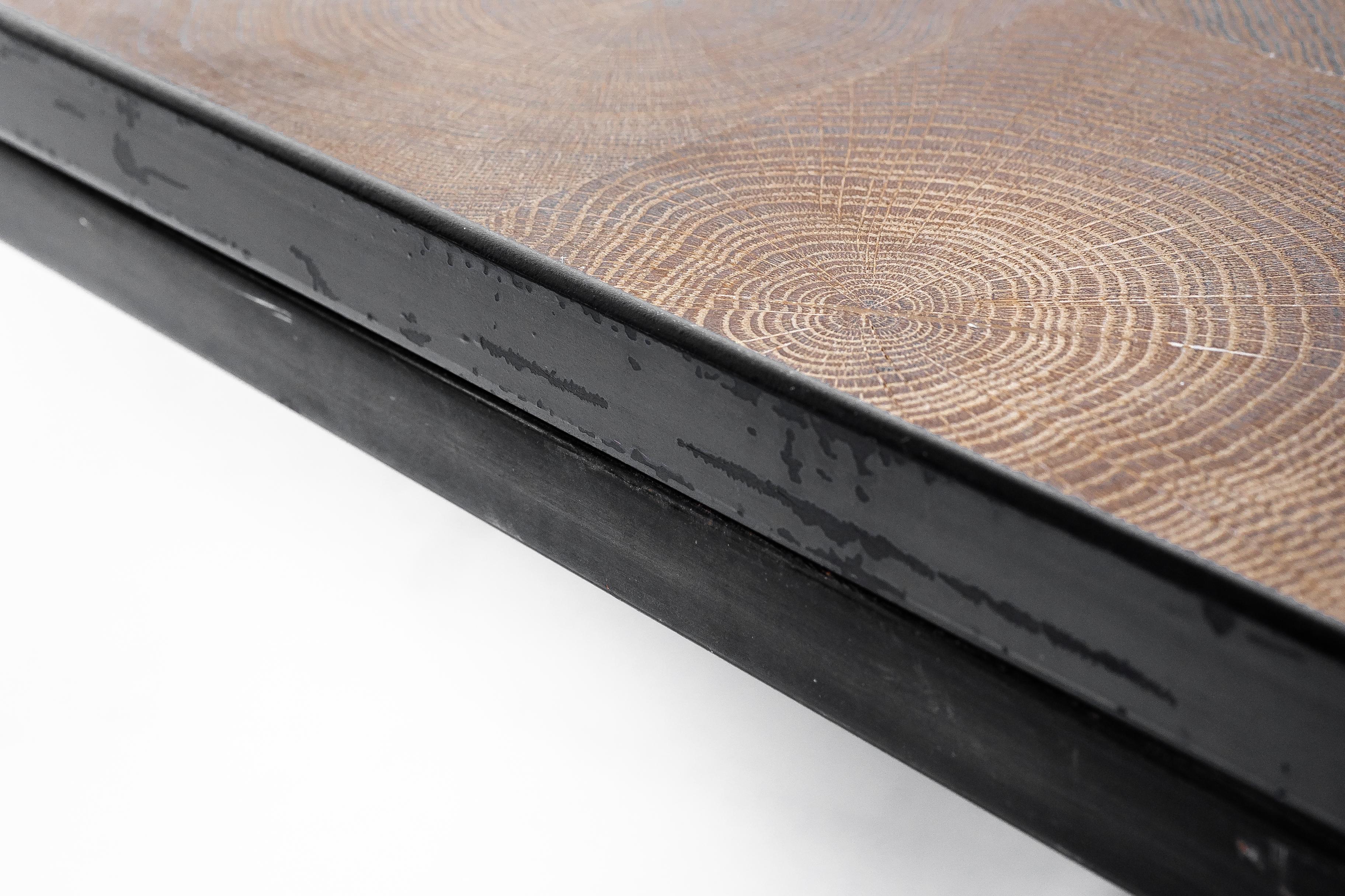 Modernist Ebonized Steel and End Cut Oak Coffee Table In New Condition For Sale In Dallas, TX