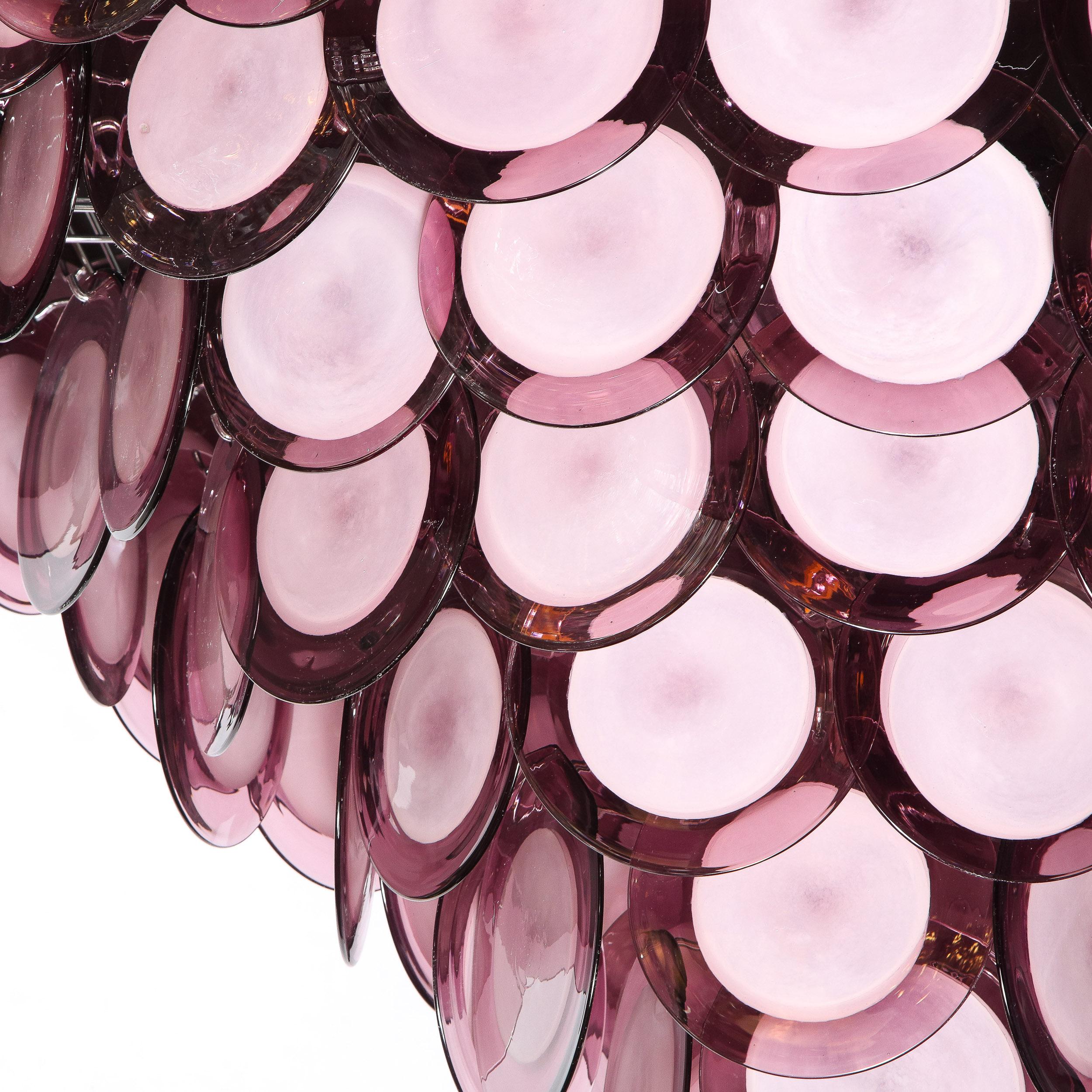 Modernistischer achtstöckiger mundgeblasener Murano-Kronleuchter mit Chrombeschlägen in Amethyst im Angebot 9