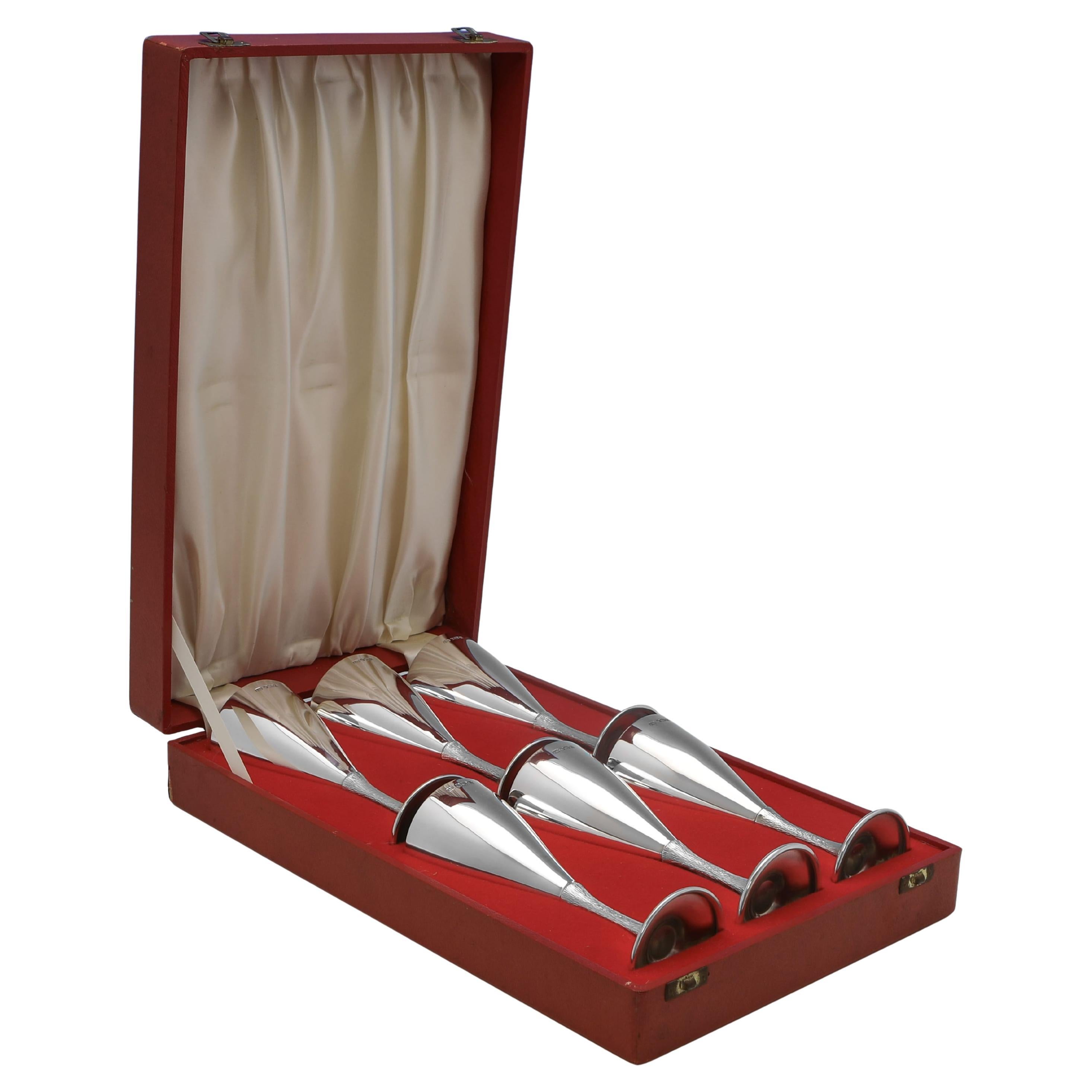 Modernist Elizabeth II Cased Sterling Silver Goblets by E.H. Parkin, 1975