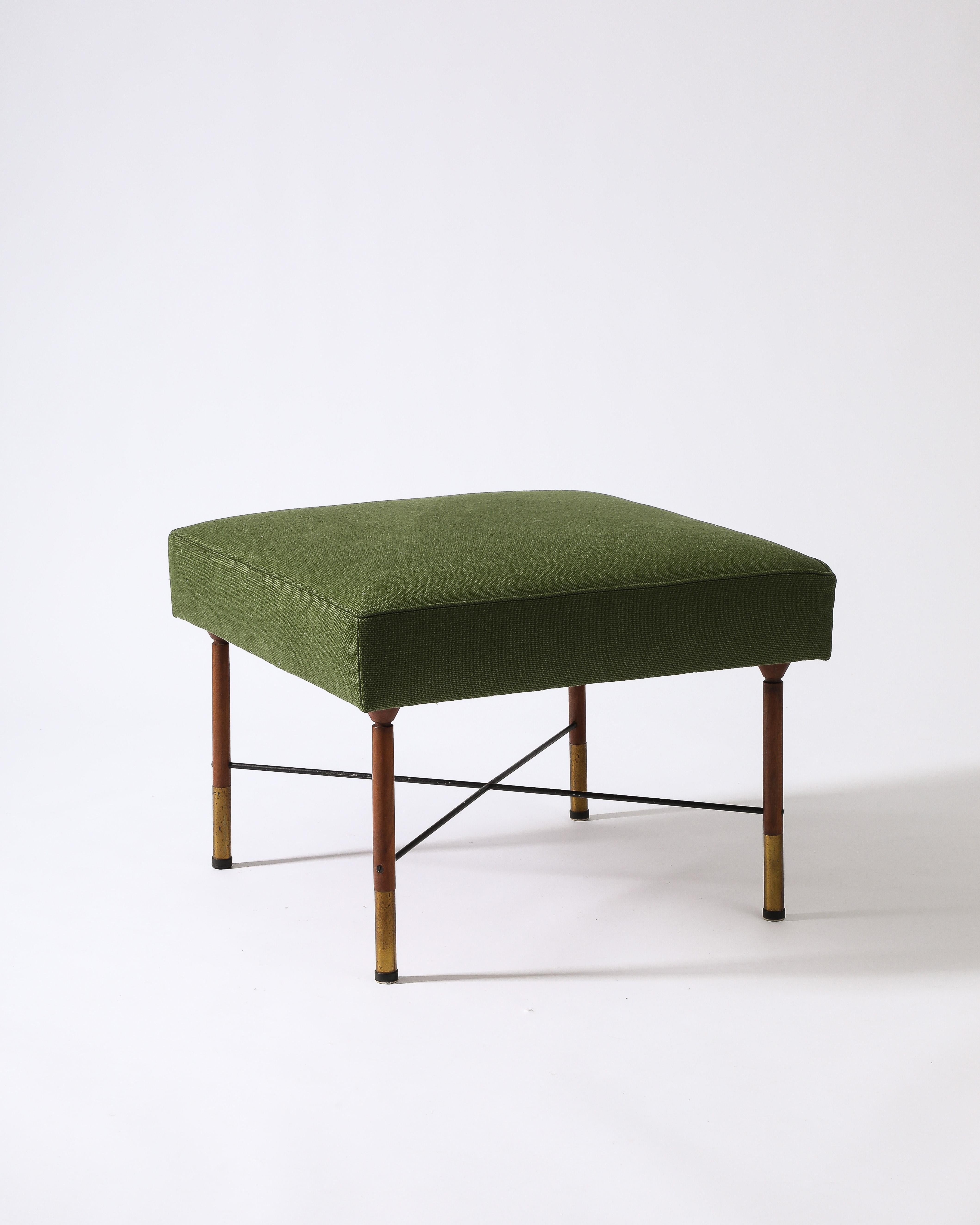 Tabouret/ottoman moderniste en orme, laiton et lin, Italie, vers 1960 en vente 6