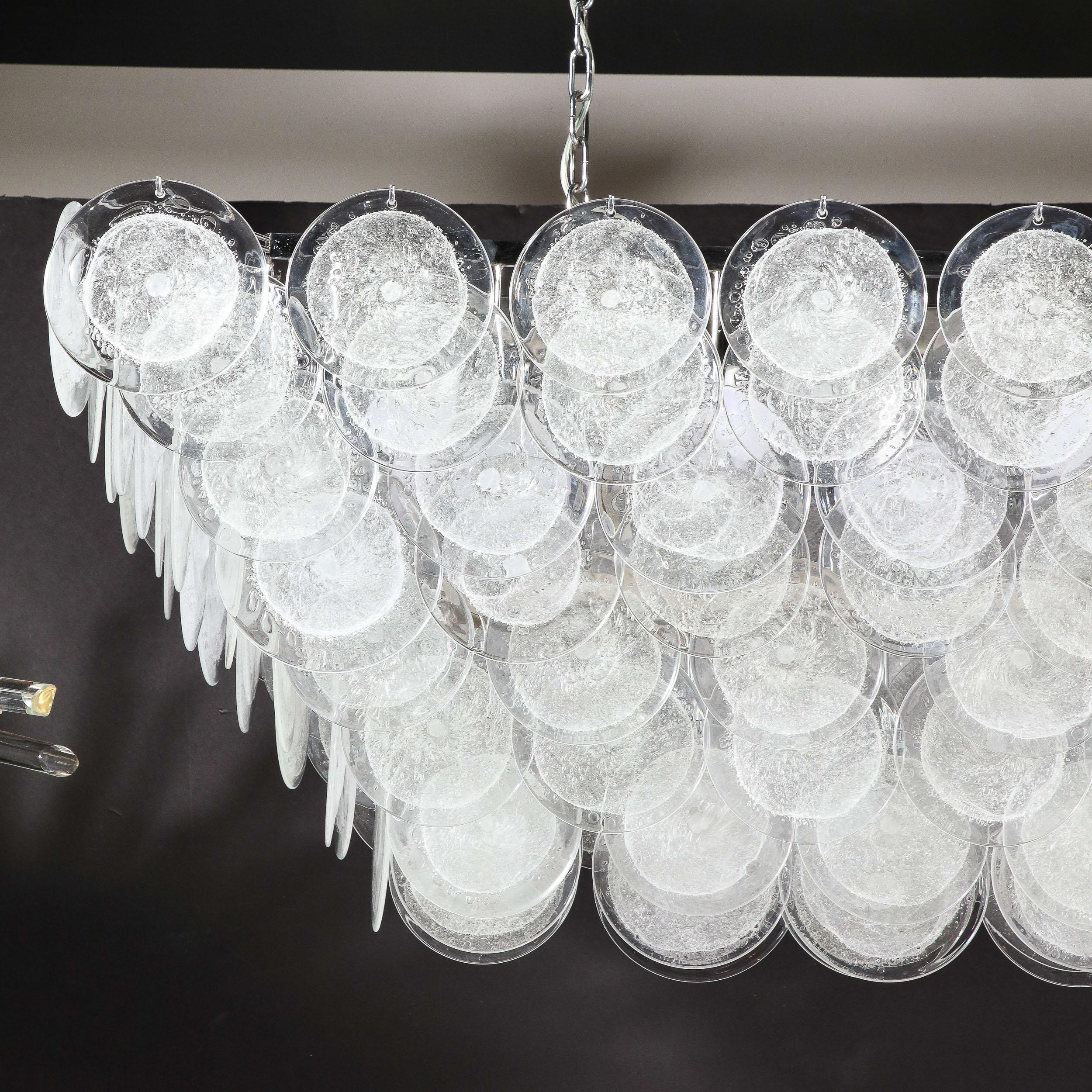 Modernist Elongated Hand-Blown Transparent Murano Glass Disc & Chrome Chandelier For Sale 6