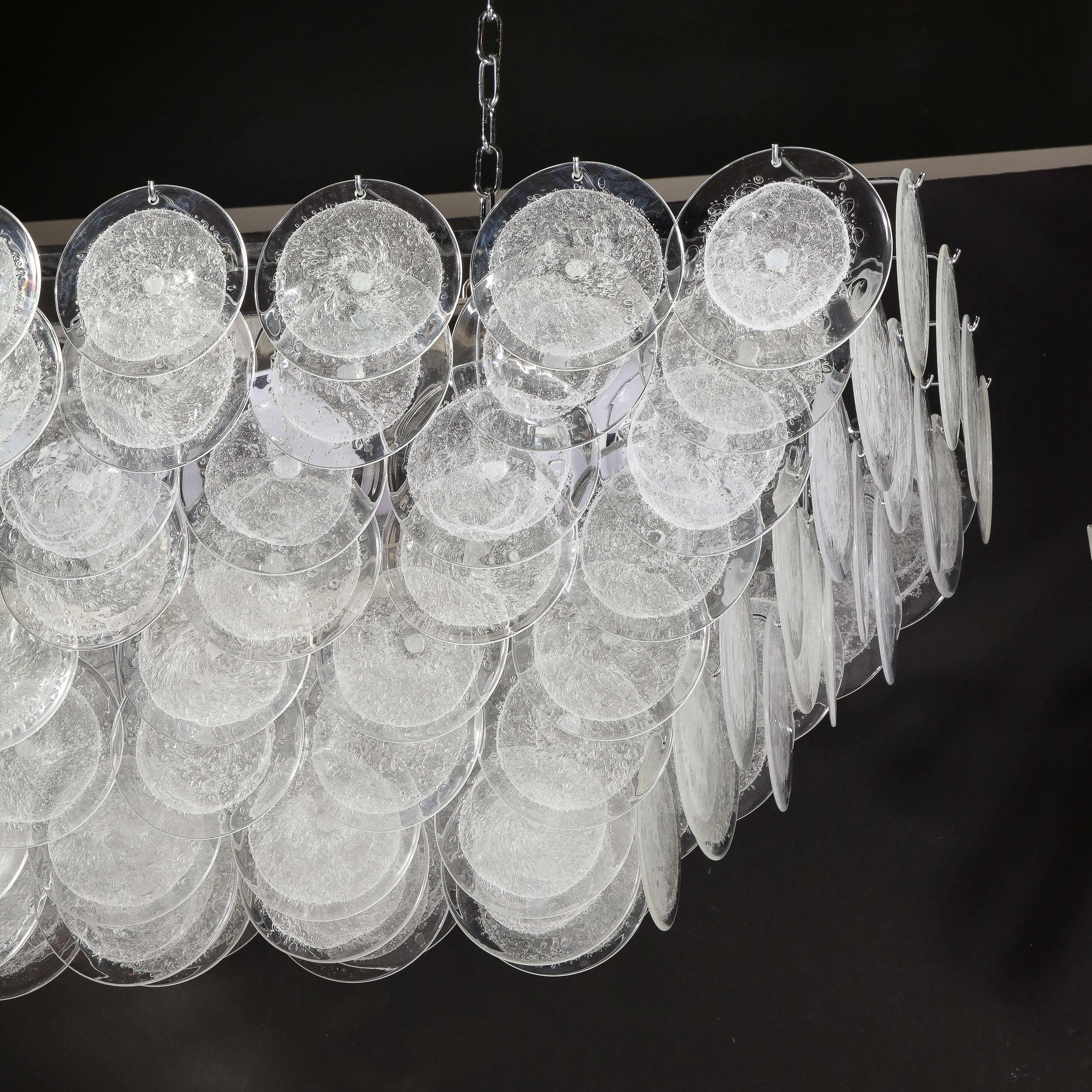 Modernist Elongated Hand-Blown Transparent Murano Glass Disc & Chrome Chandelier For Sale 9