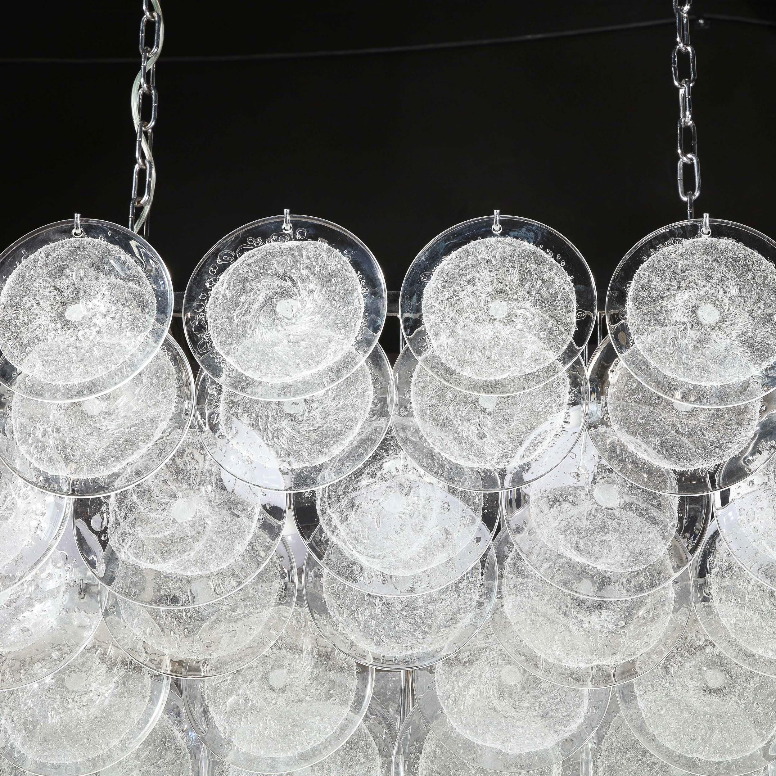 Modernist Elongated Hand-Blown Transparent Murano Glass Disc & Chrome Chandelier For Sale 10