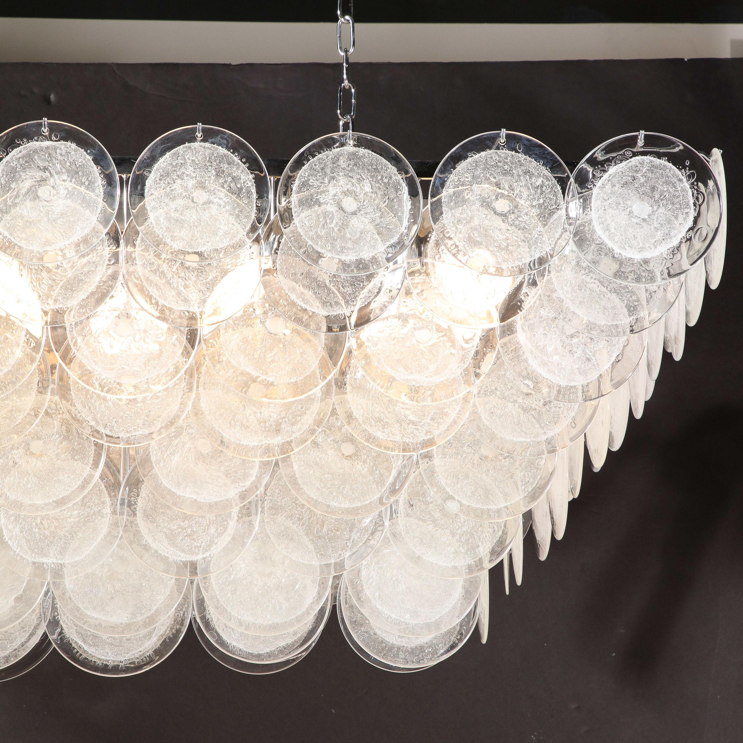 Modernist Elongated Hand-Blown Transparent Murano Glass Disc & Chrome Chandelier For Sale 11