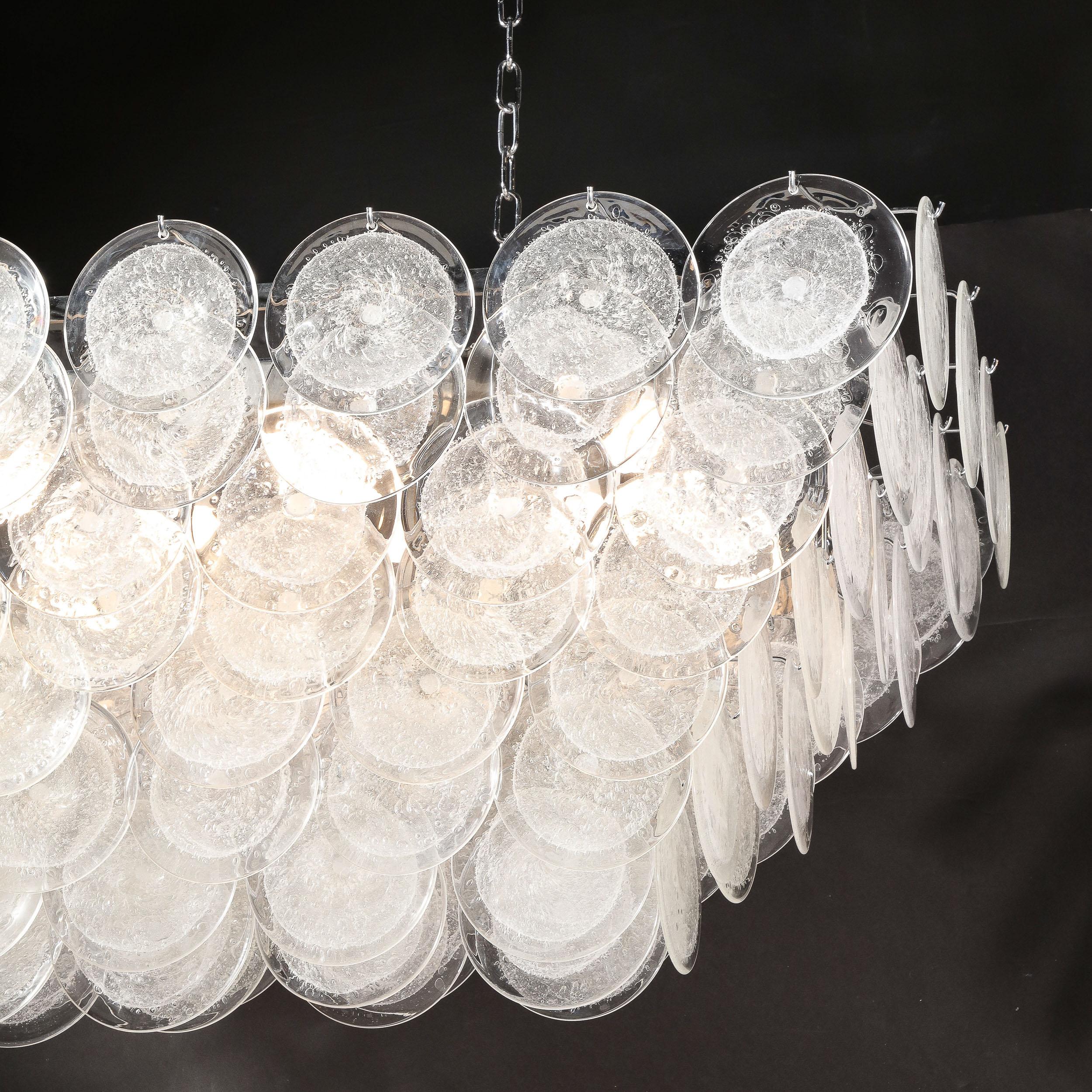 Modernist Elongated Hand-Blown Transparent Murano Glass Disc & Chrome Chandelier For Sale 13