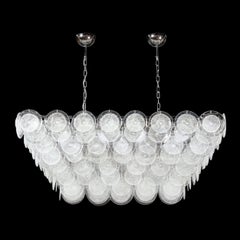 Modernist Elongated Hand-Blown Transparent Murano Glass Disc & Chrome Chandelier