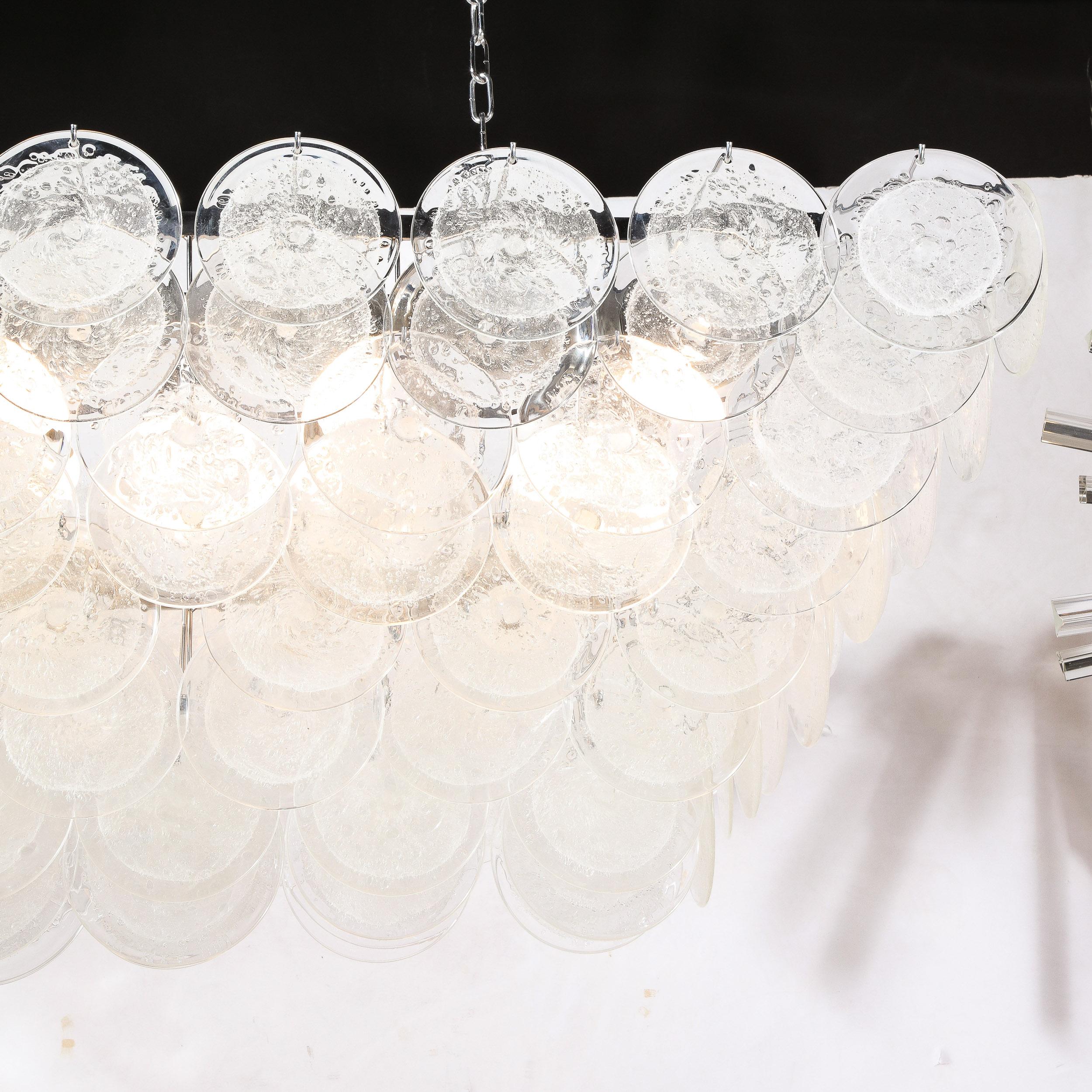 Modernist Elongated Hand-Blown Transparent Murano Glass Disc & Chrome Chandelier For Sale 3