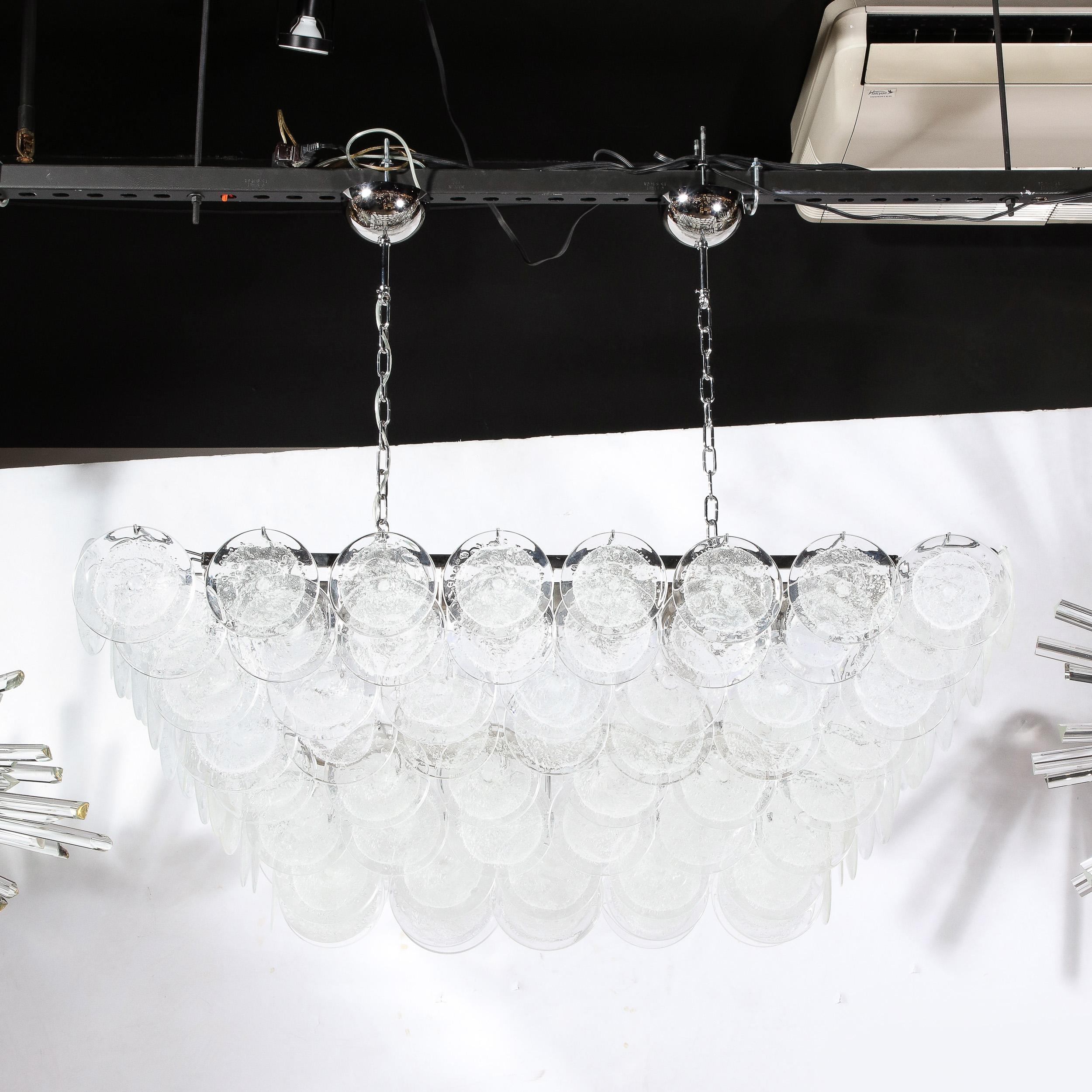 Modernist Elongated Hand-Blown Transparent Murano Glass Disc & Chrome Chandelier For Sale 4