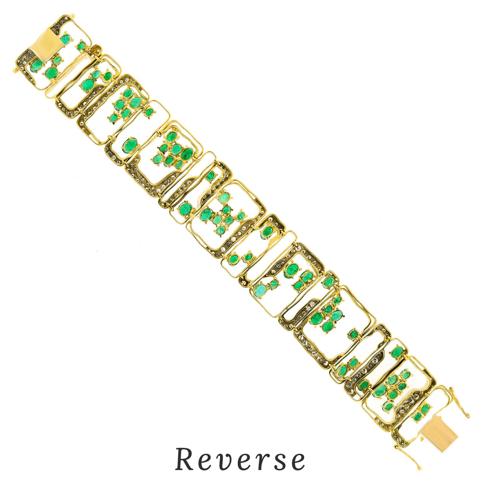 Pulsera modernista de esmeraldas y diamantes en venta 3