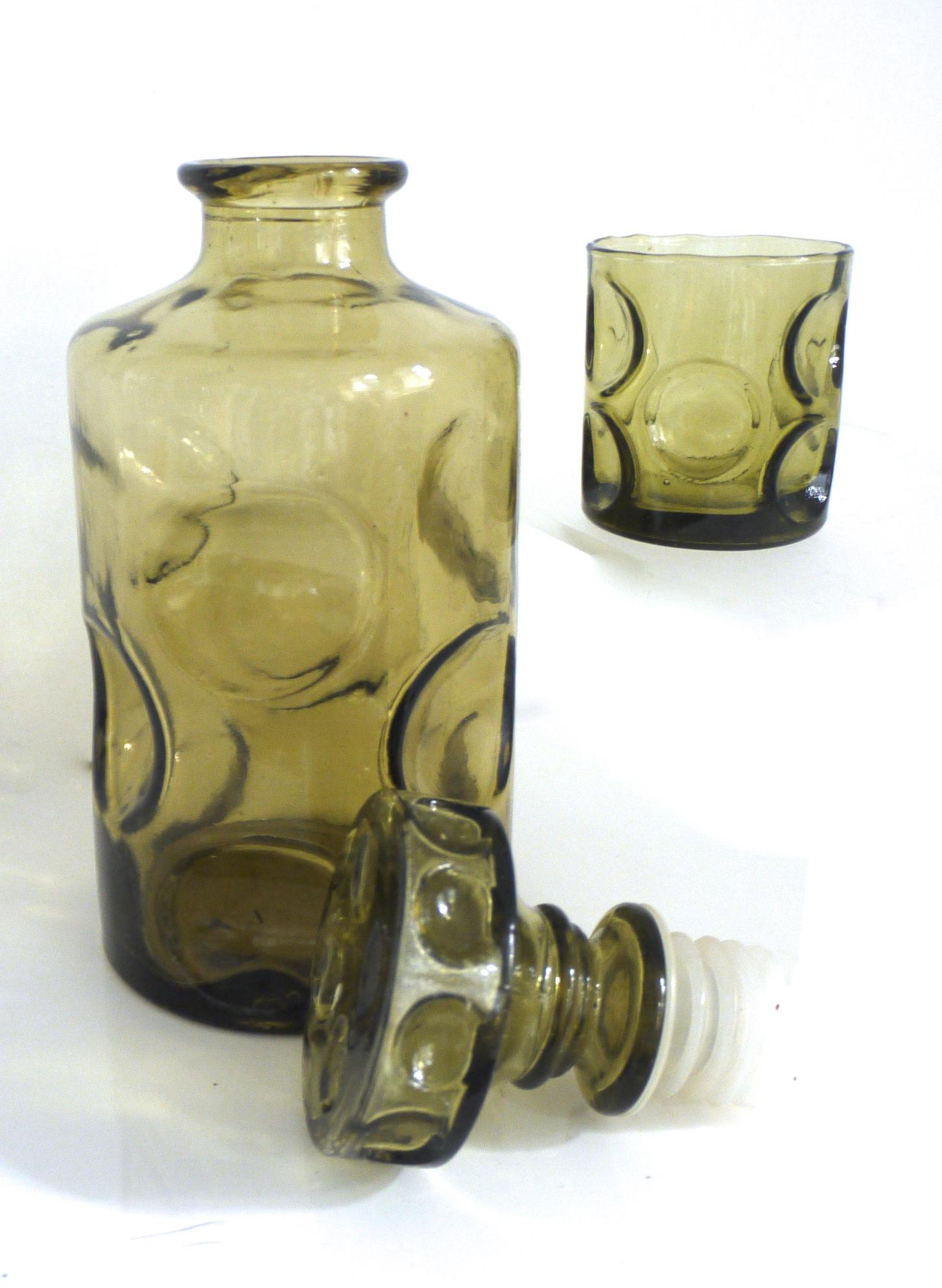 Modernist Empoli 'Dimpled' Vase Decanter and Glass for One 1950s Pressed Glass In Good Condition In Halstead, GB