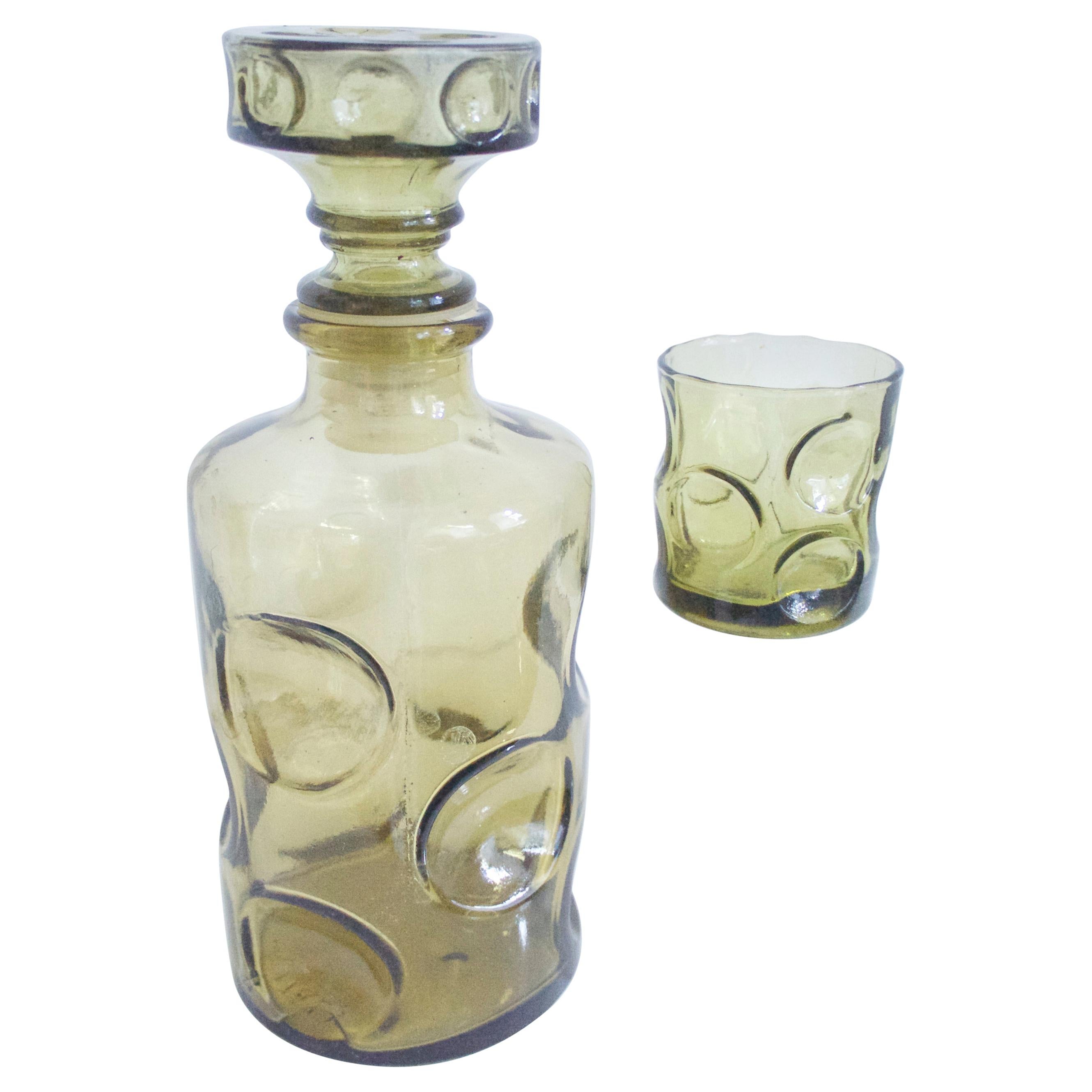 Modernist Empoli 'Dimpled' Vase Decanter and Glass for One 1950s Pressed Glass