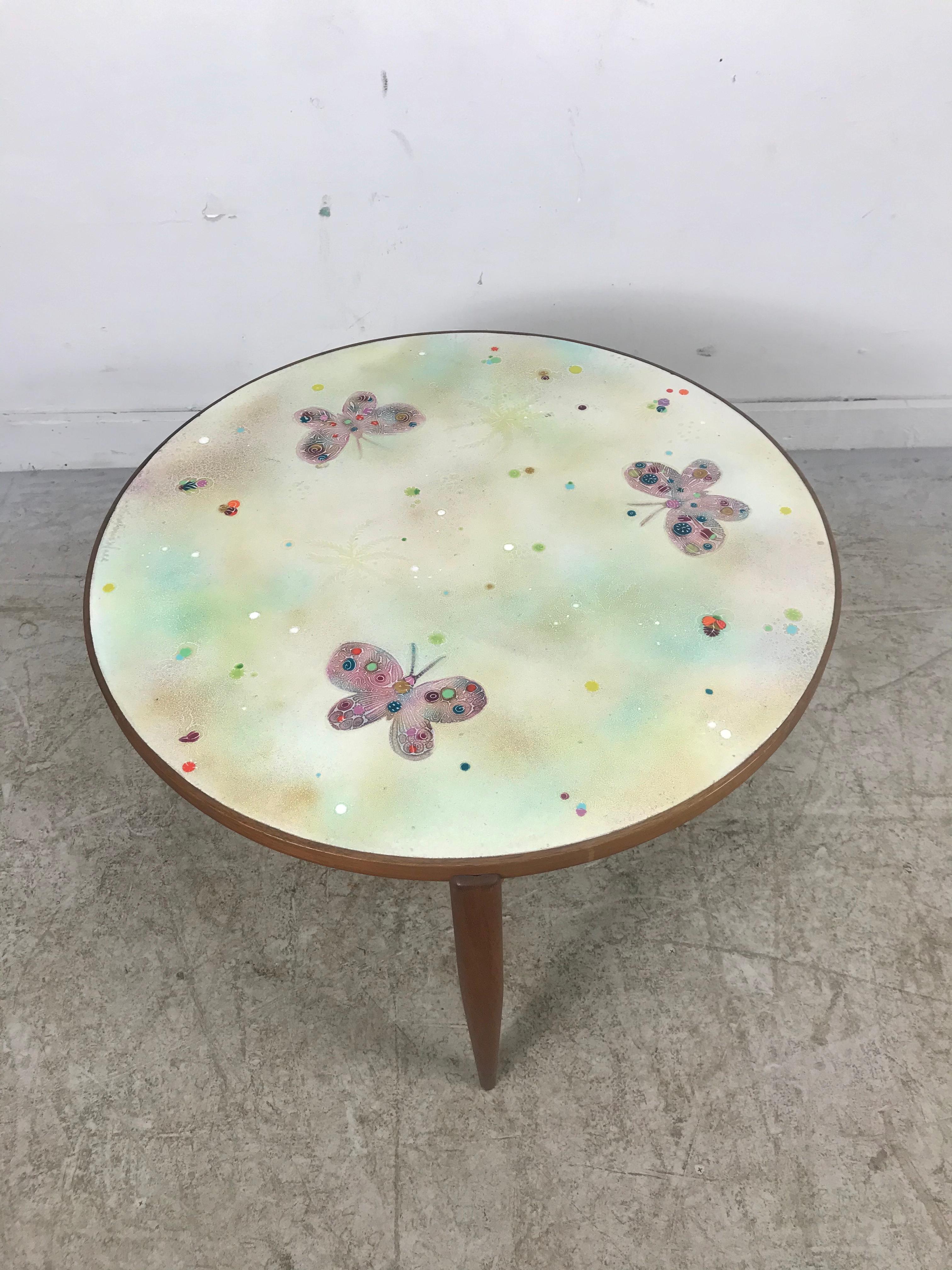 Modernist Enamel and Teak Table by Doris Hall, Butterfly and Undersea Motif In Excellent Condition For Sale In Buffalo, NY