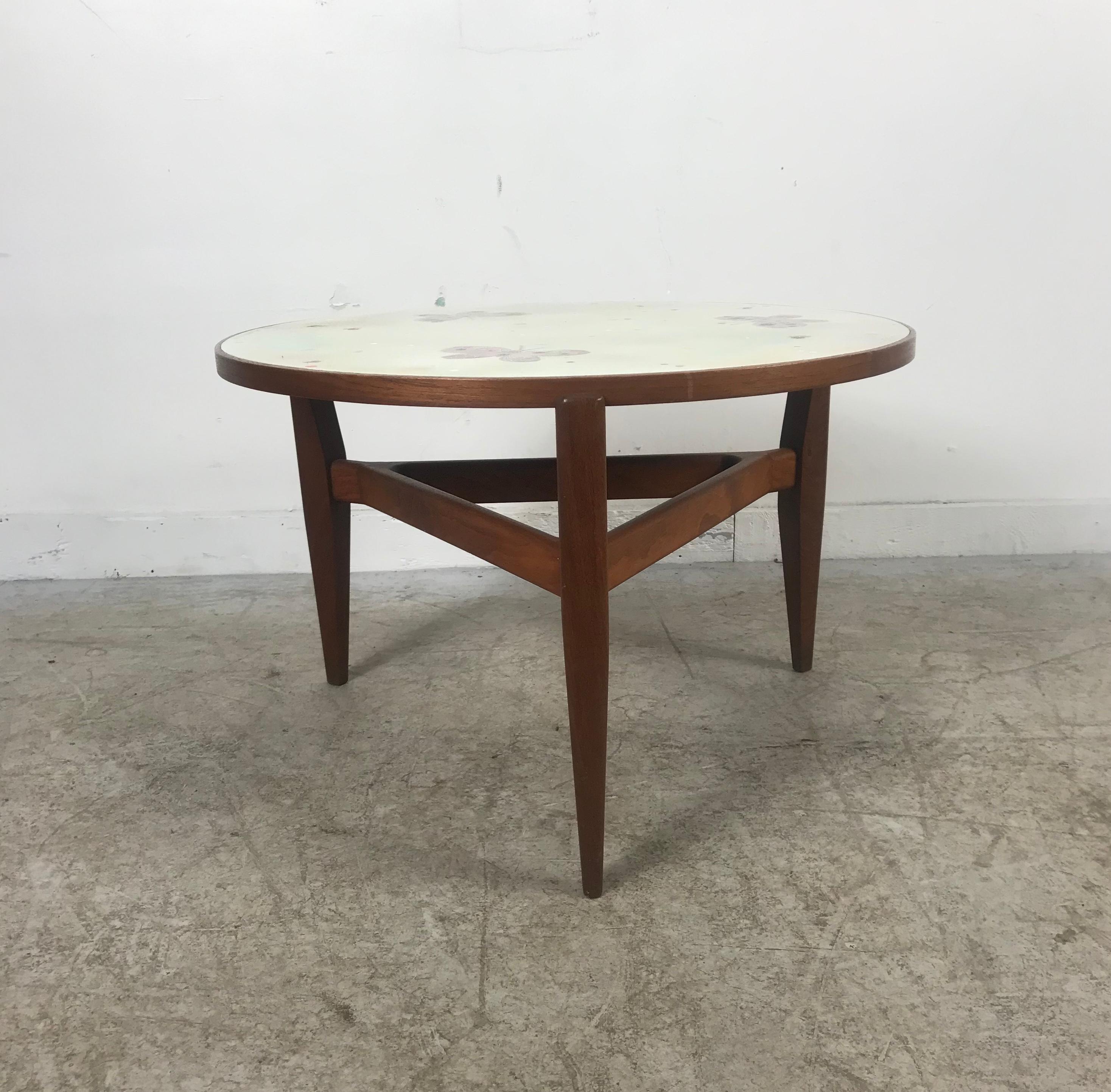 Mid-20th Century Modernist Enamel and Teak Table by Doris Hall, Butterfly and Undersea Motif For Sale