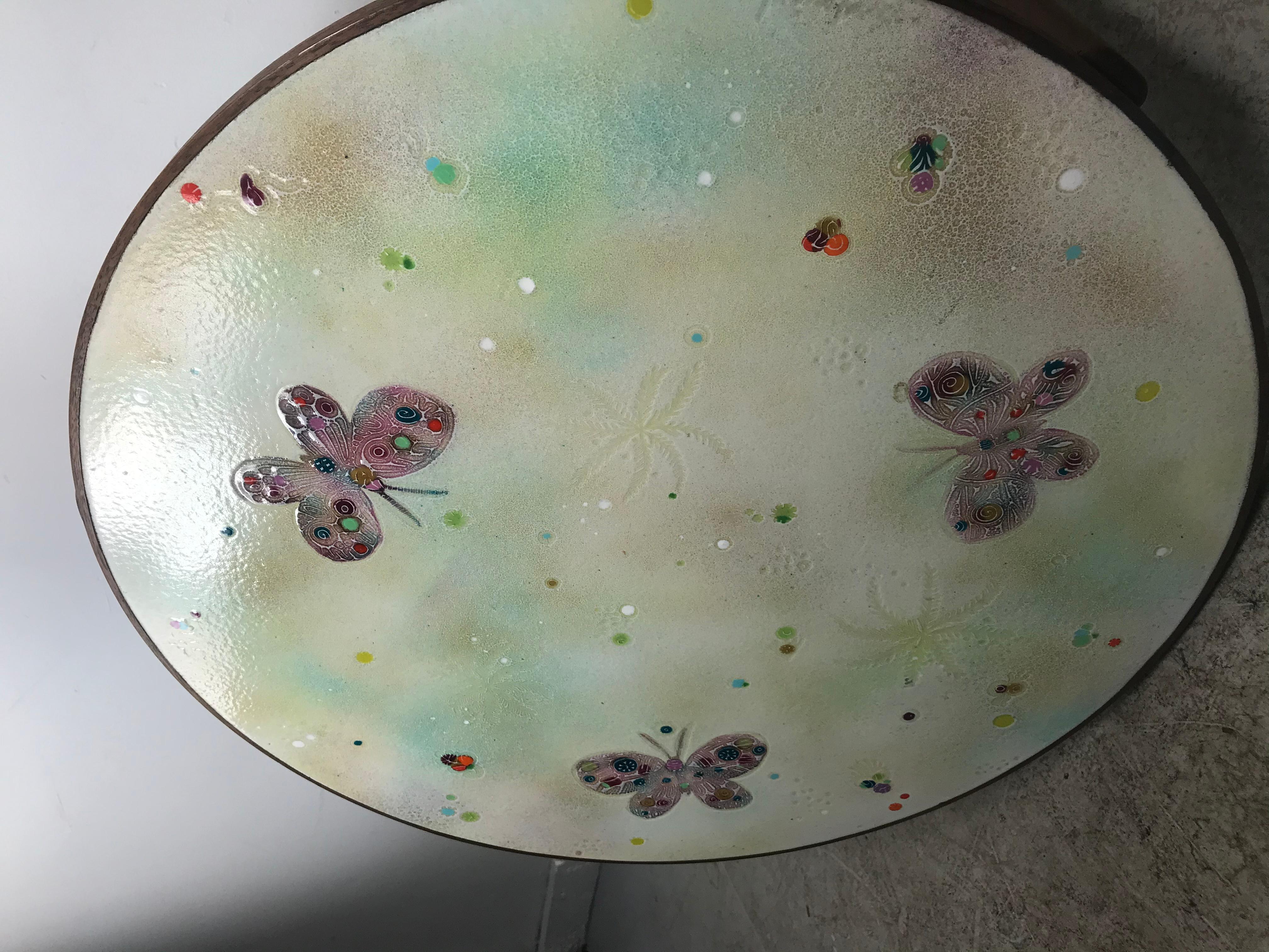 Ceramic Modernist Enamel and Teak Table by Doris Hall, Butterfly and Undersea Motif For Sale