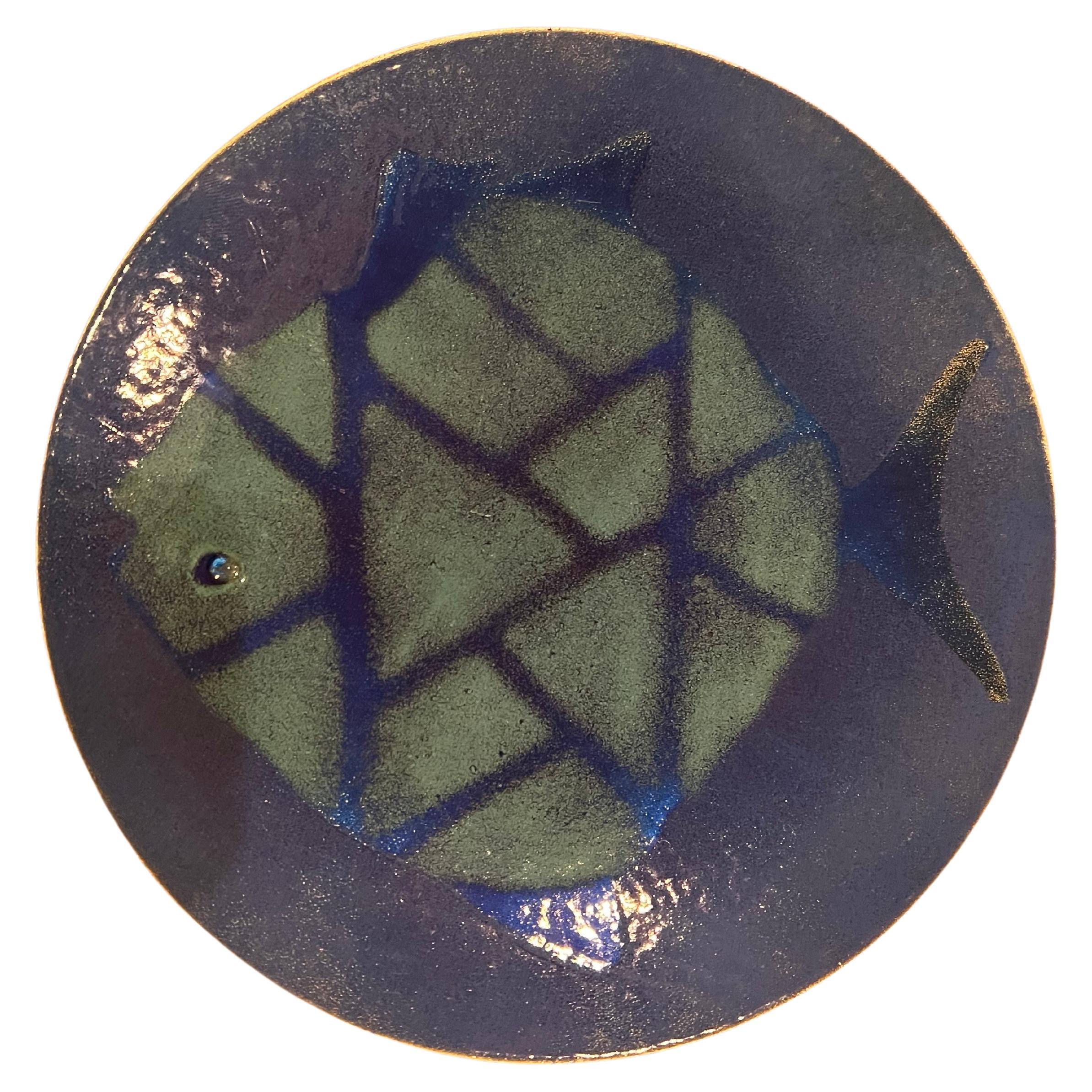 Mid-Century Modern Modernist Enameled On Copper Bowl Plate Mid Century Fish Design For Sale