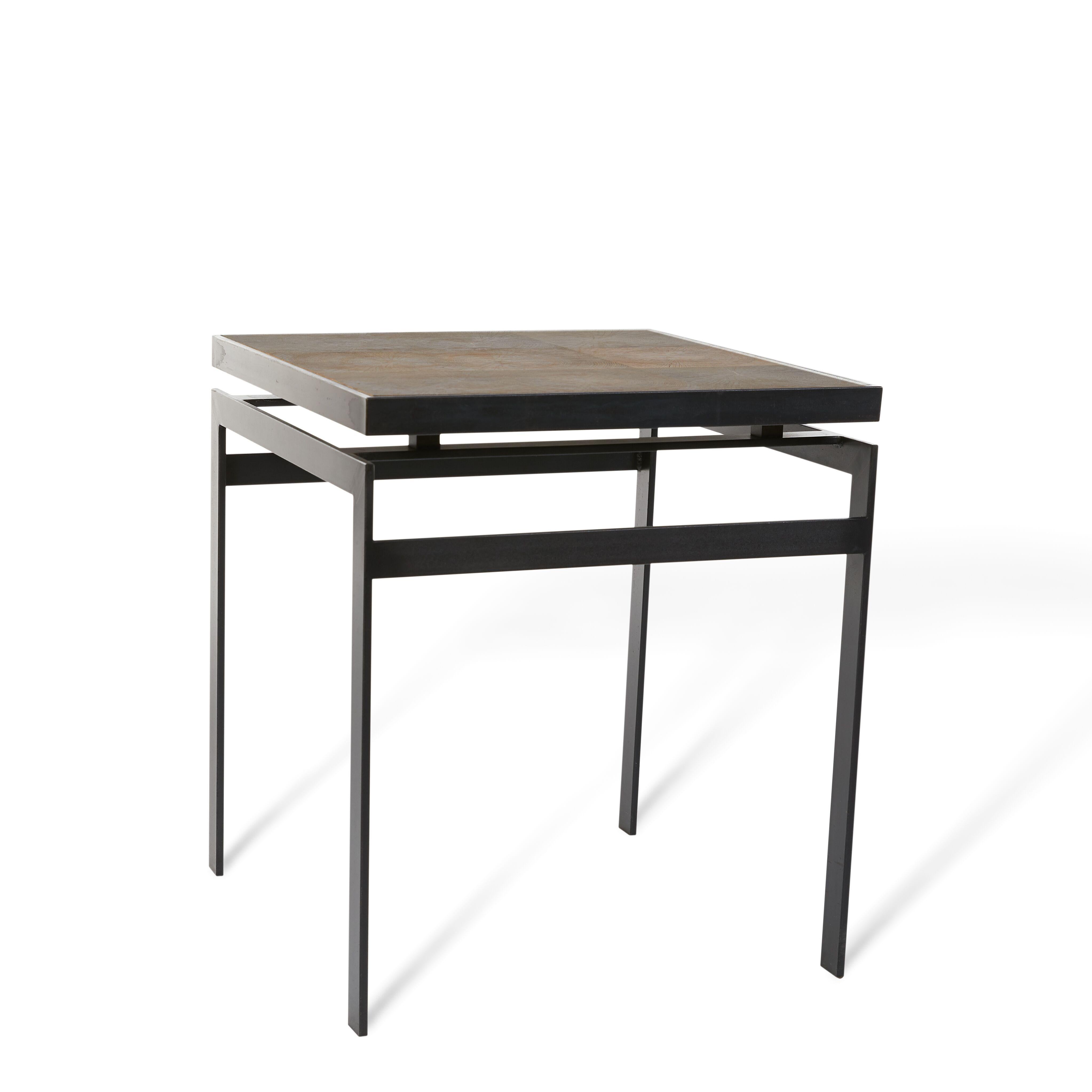 Ebonized Steel Frame Oak Top Modernist End Table For Sale