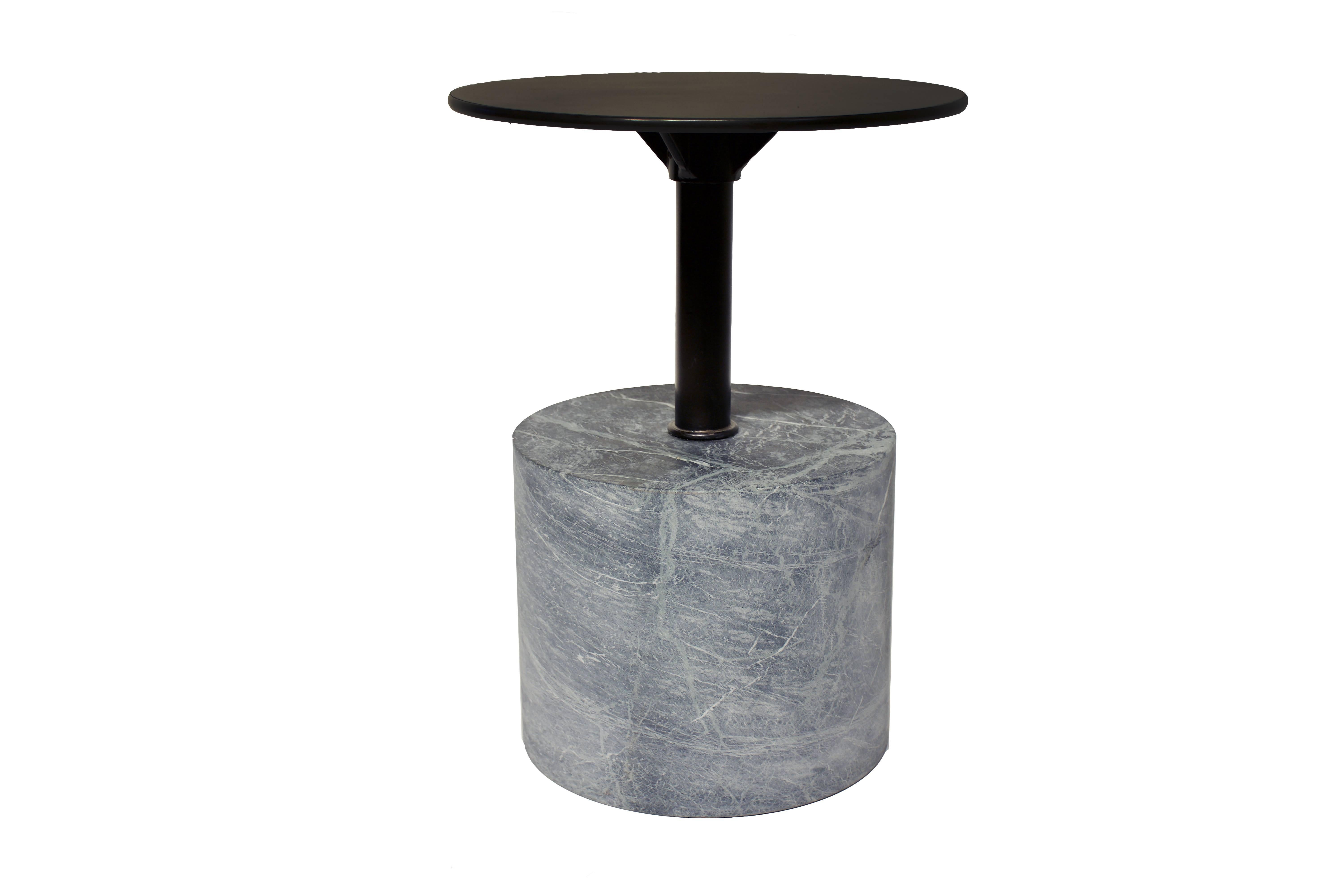 Italian craft, modernist end table. Honed verde alpi marble base with patined steel top.