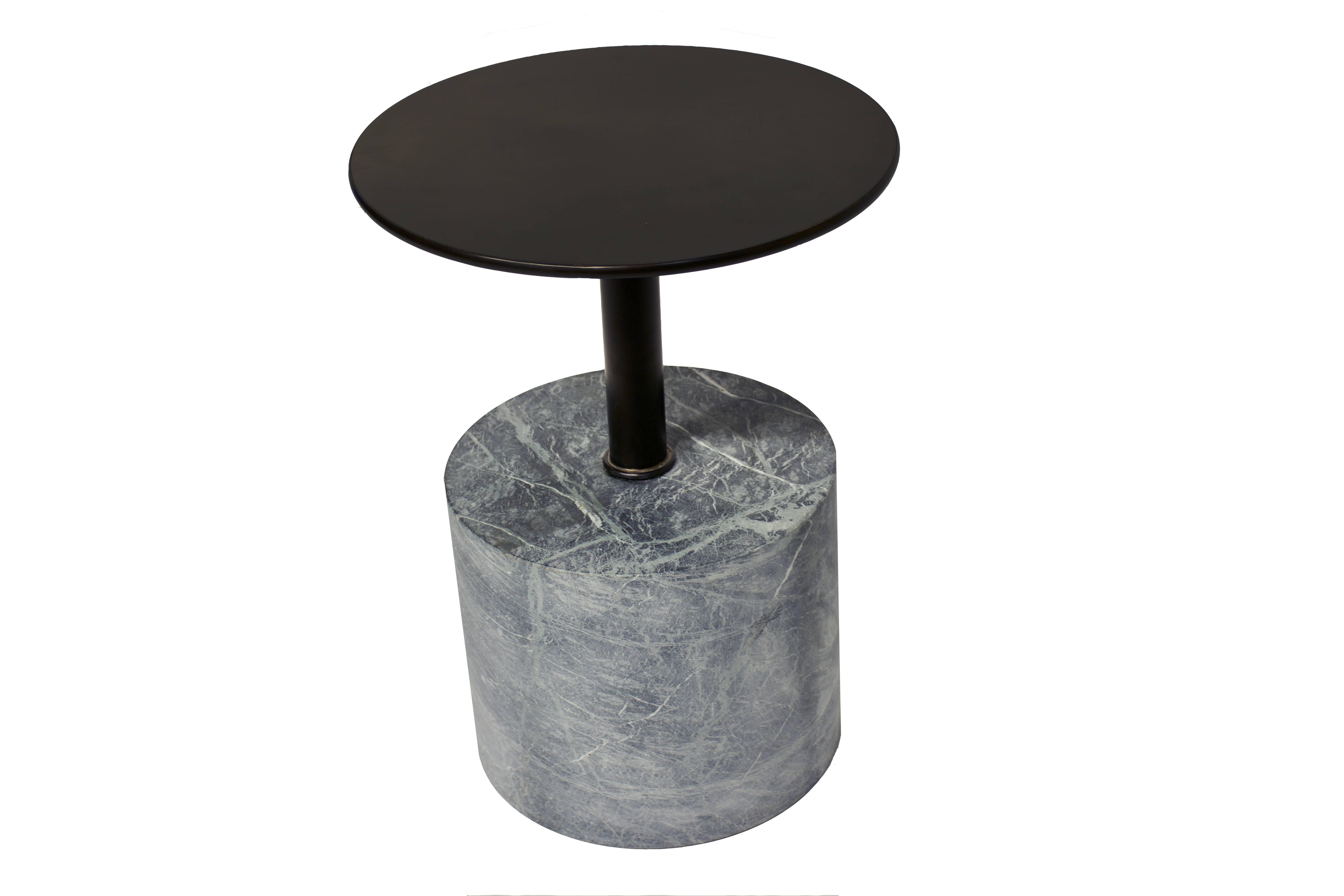 Organic Modern Modernist End Table, Honed Verde Alpi Marble Base with Patined Steel Top