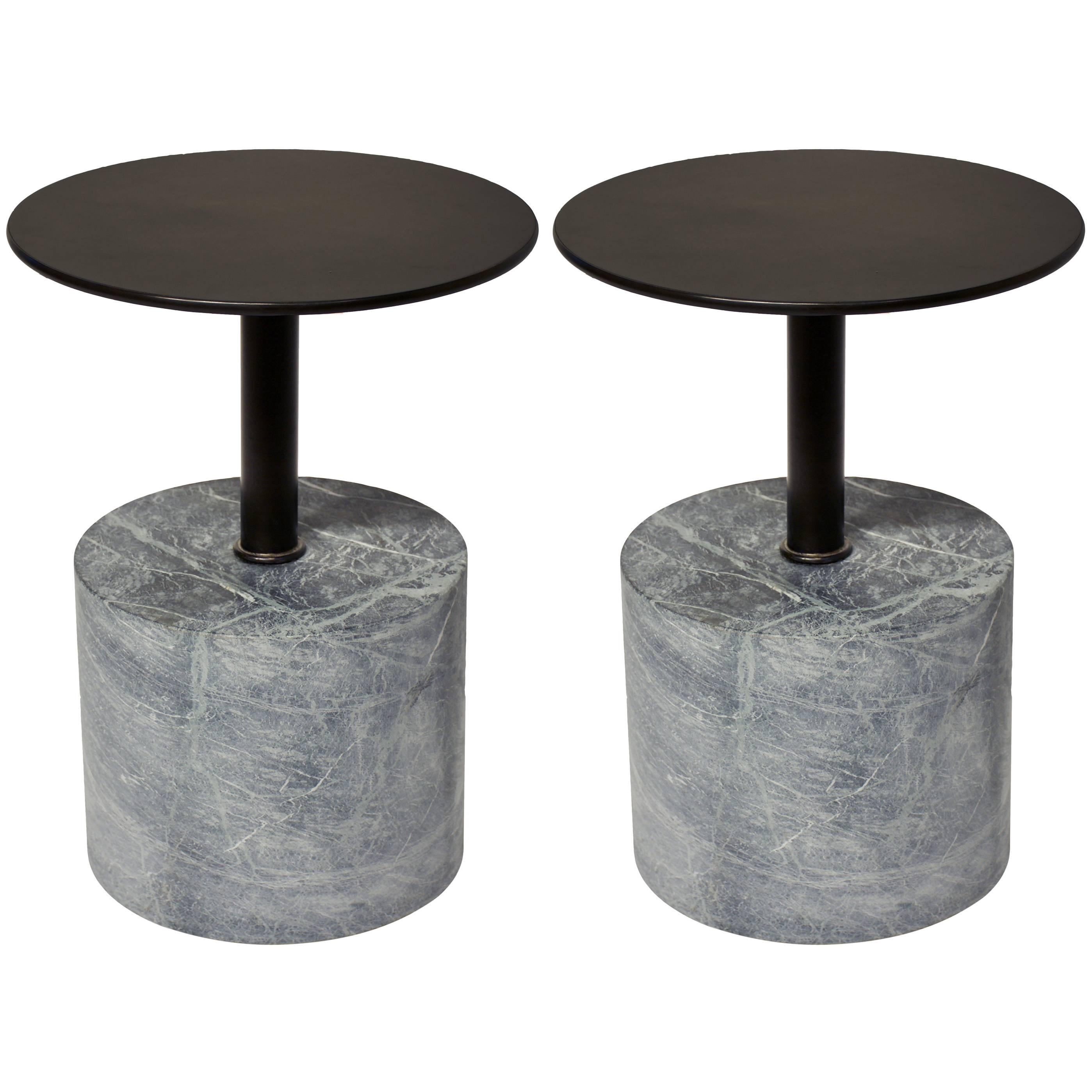 Modernist End Table, Honed Verde Alpi Marble Base with Patined Steel Top