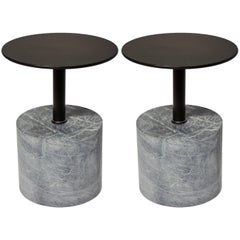 Modernist End Table, Honed Verde Alpi Marble Base with Patined Steel Top