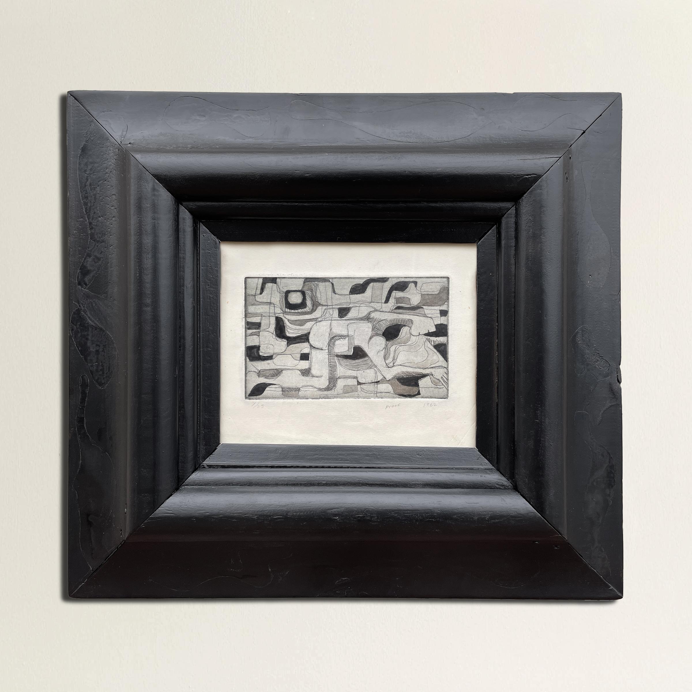 A chic modernist artist proof etching by James Quentin Young depicting a kneeling figure rendered in bold geometric shapes and embellished with gray and black ink. Frame is original and designed by the artist. Not signed. Marked, '1/25, proof, 1962.'
