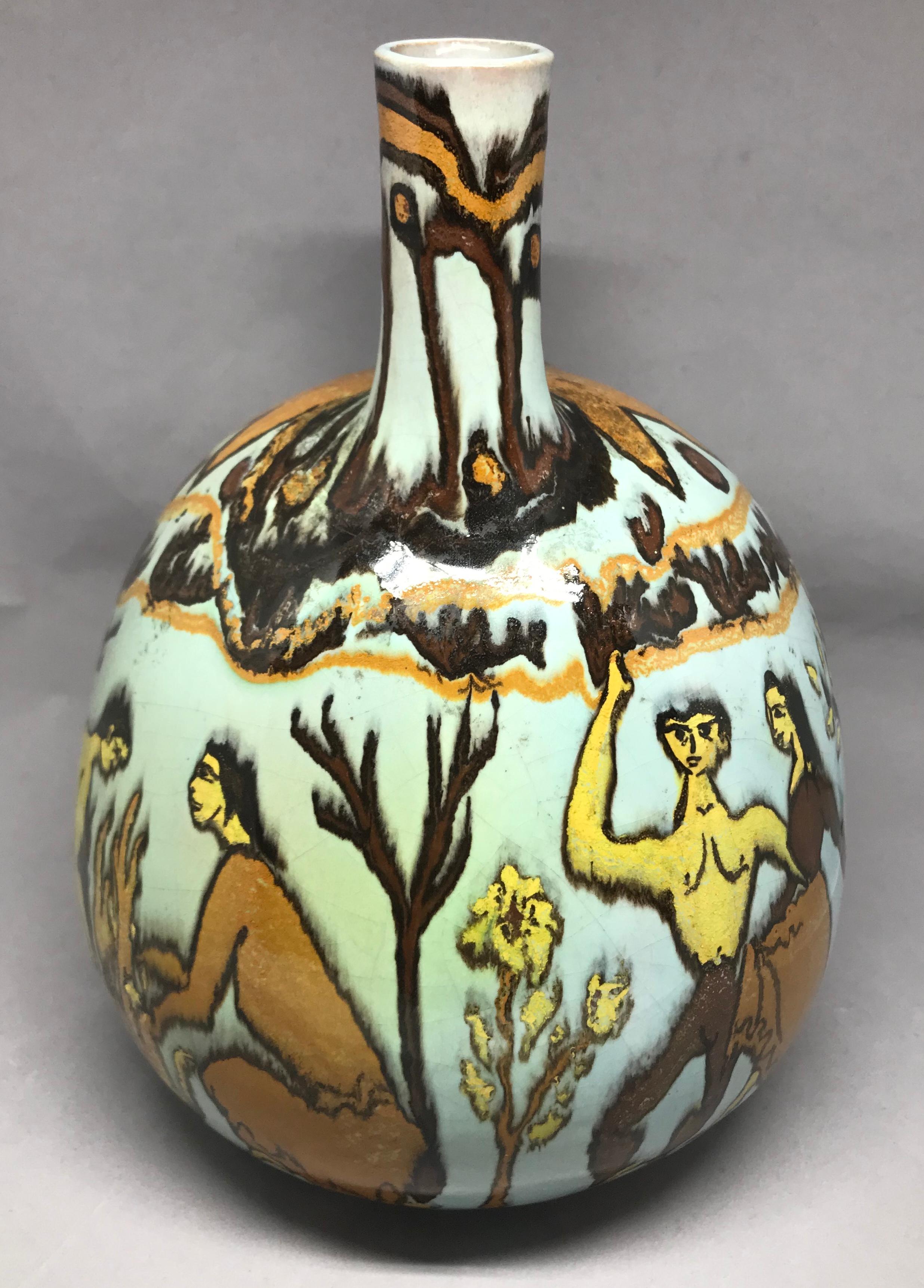 Modernist Etruscan style vase. Richly coloured glazed ceramic vase in the Etruscan style decorated with a Picasso-esque allegorical motif of the Four Seasons. signed V Lucchi. Italy, 1950. 
Dimensions: 9.5
