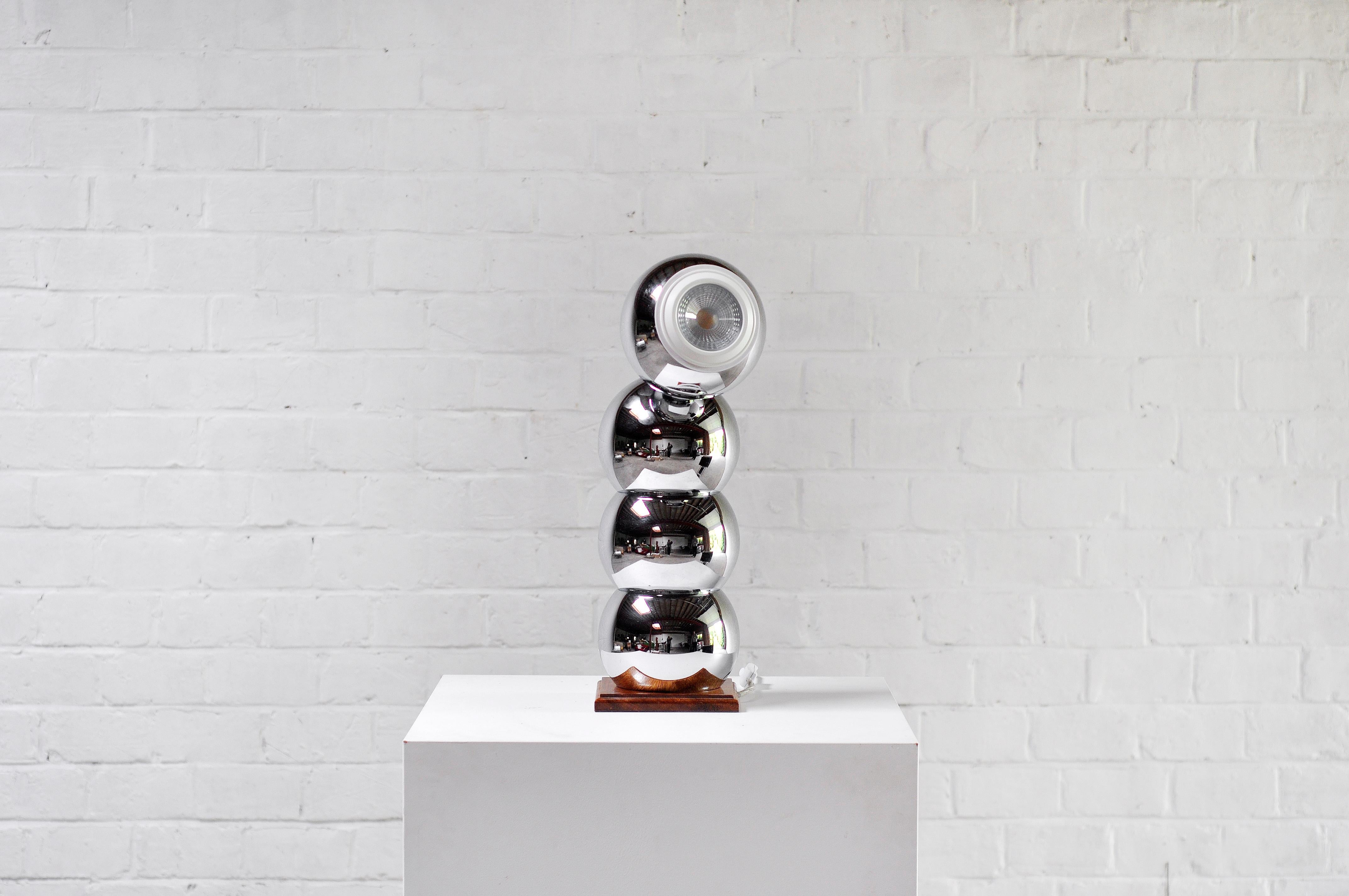 French Modernist 'eyeball' Chrome Lamp With Wooden Base, France 1960's For Sale