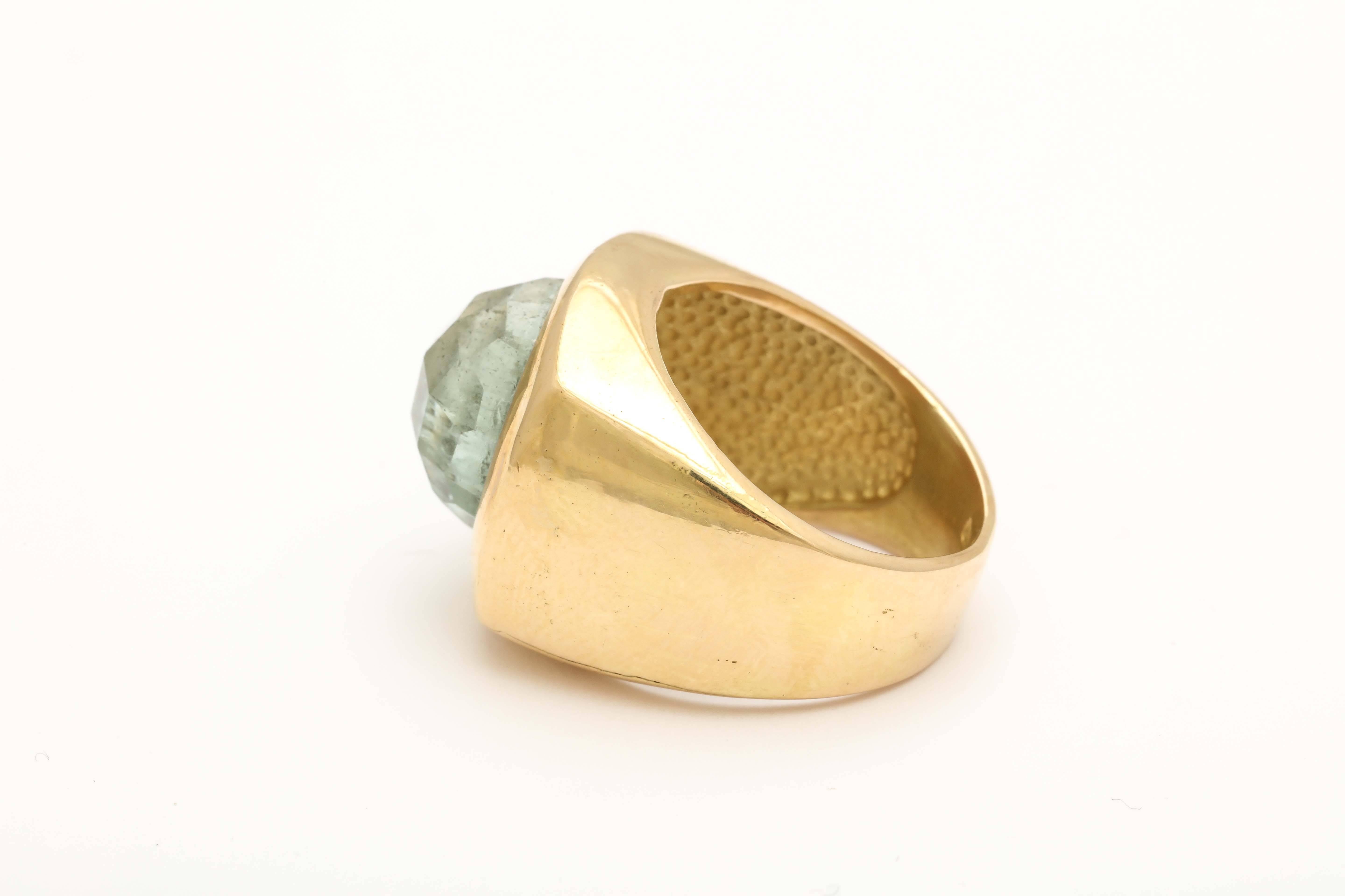 Late 20th Century Modernist Faceted Aqua and Gold Ring For Sale