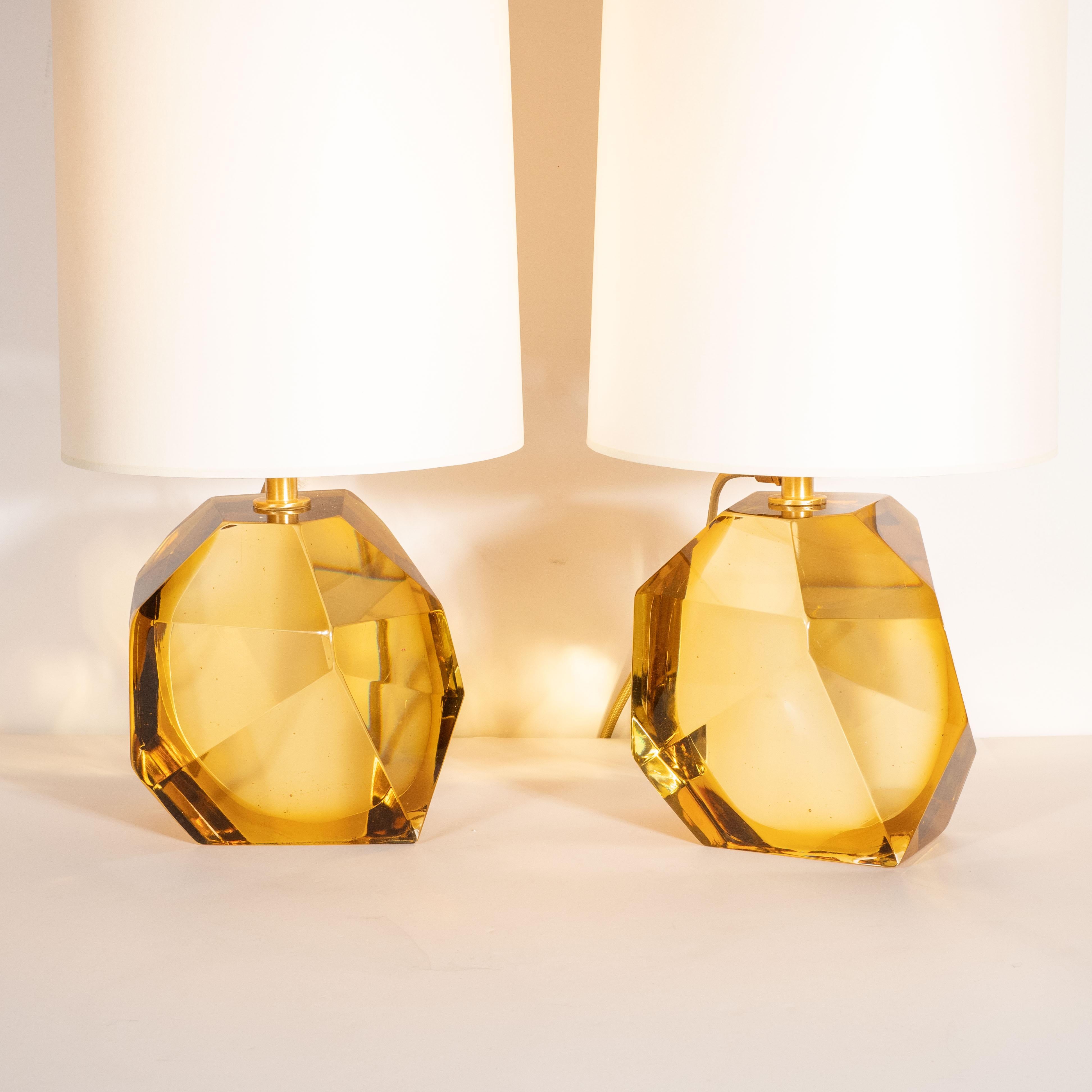 Contemporary Modernist Faceted Handblown Murano Topaz Glass Table Lamps