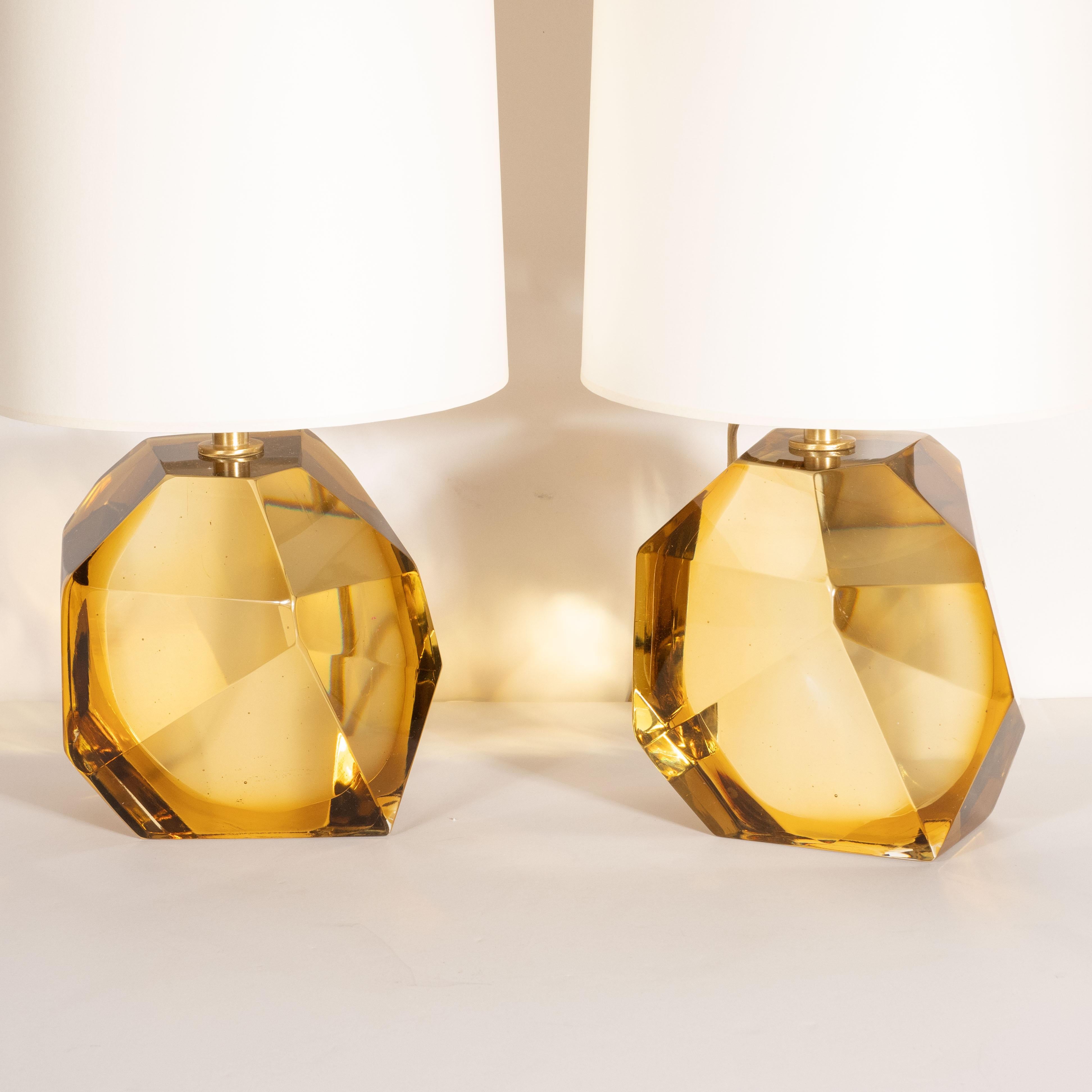 Contemporary Modernist Faceted Handblown Murano Topaz Glass Table Lamps For Sale
