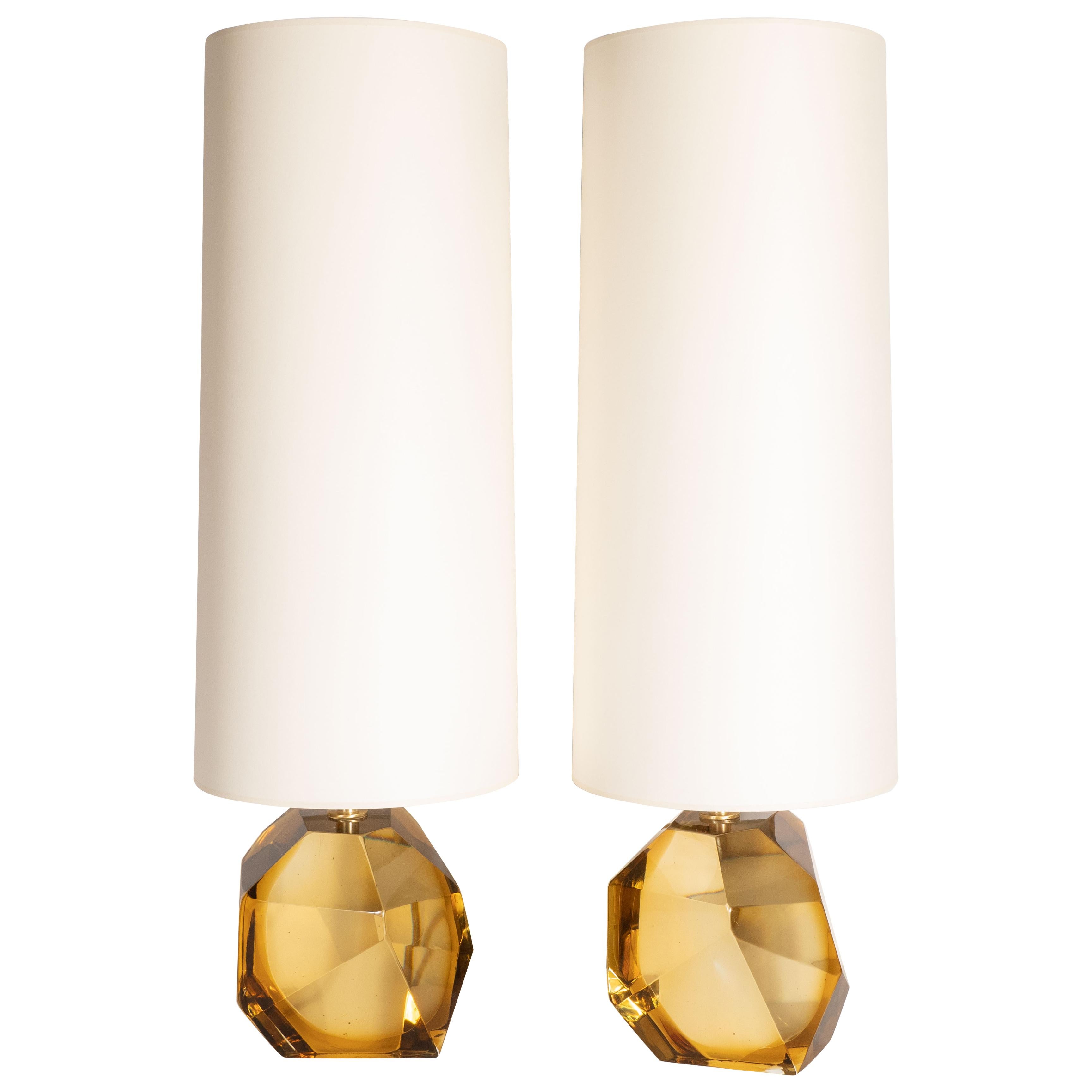 Modernist Faceted Handblown Murano Topaz Glass Table Lamps