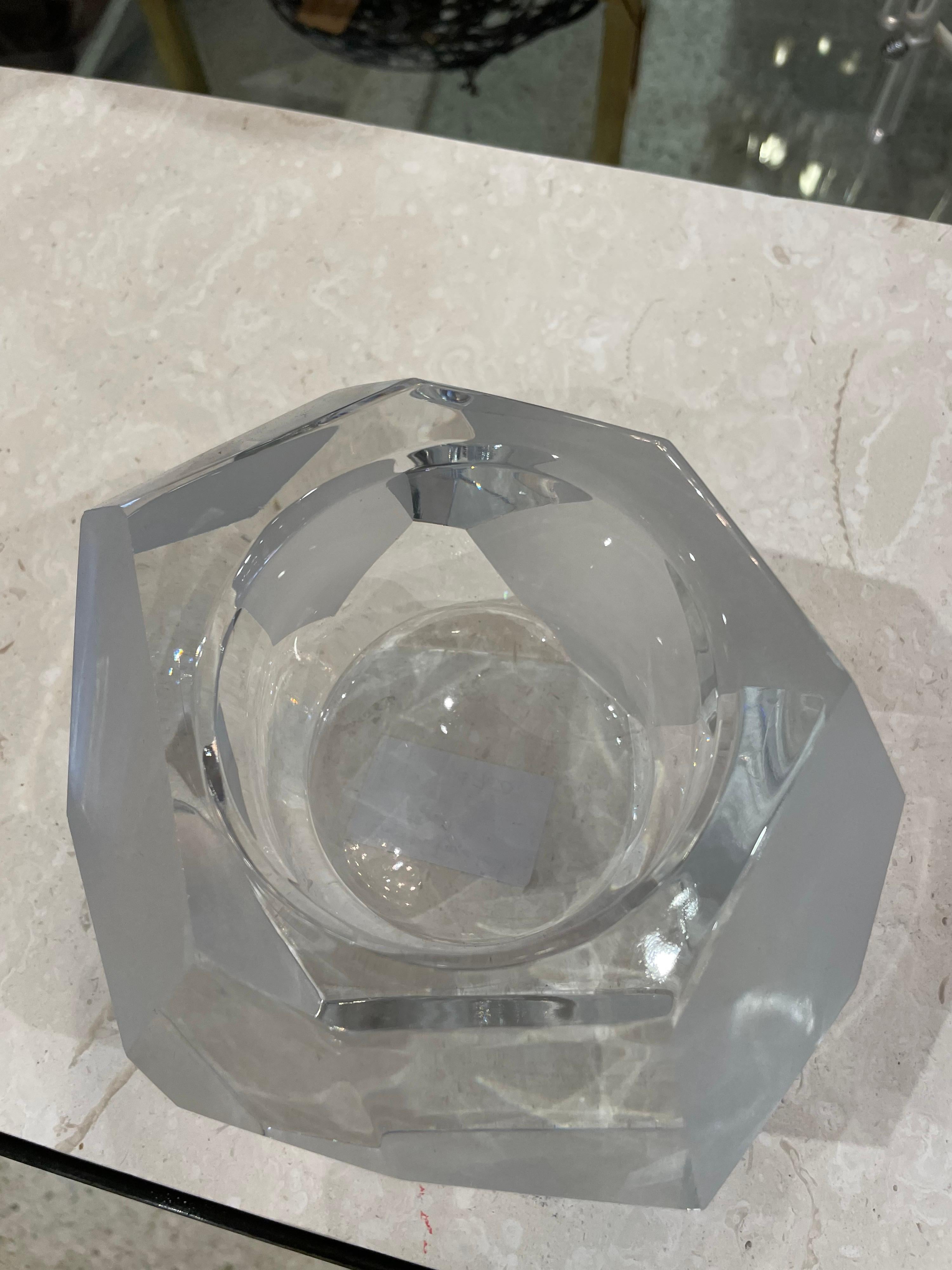 Wonderful geometric faceted small Italian bowl in clear and frosted finish to glass. Heavy and chunky thick glass.