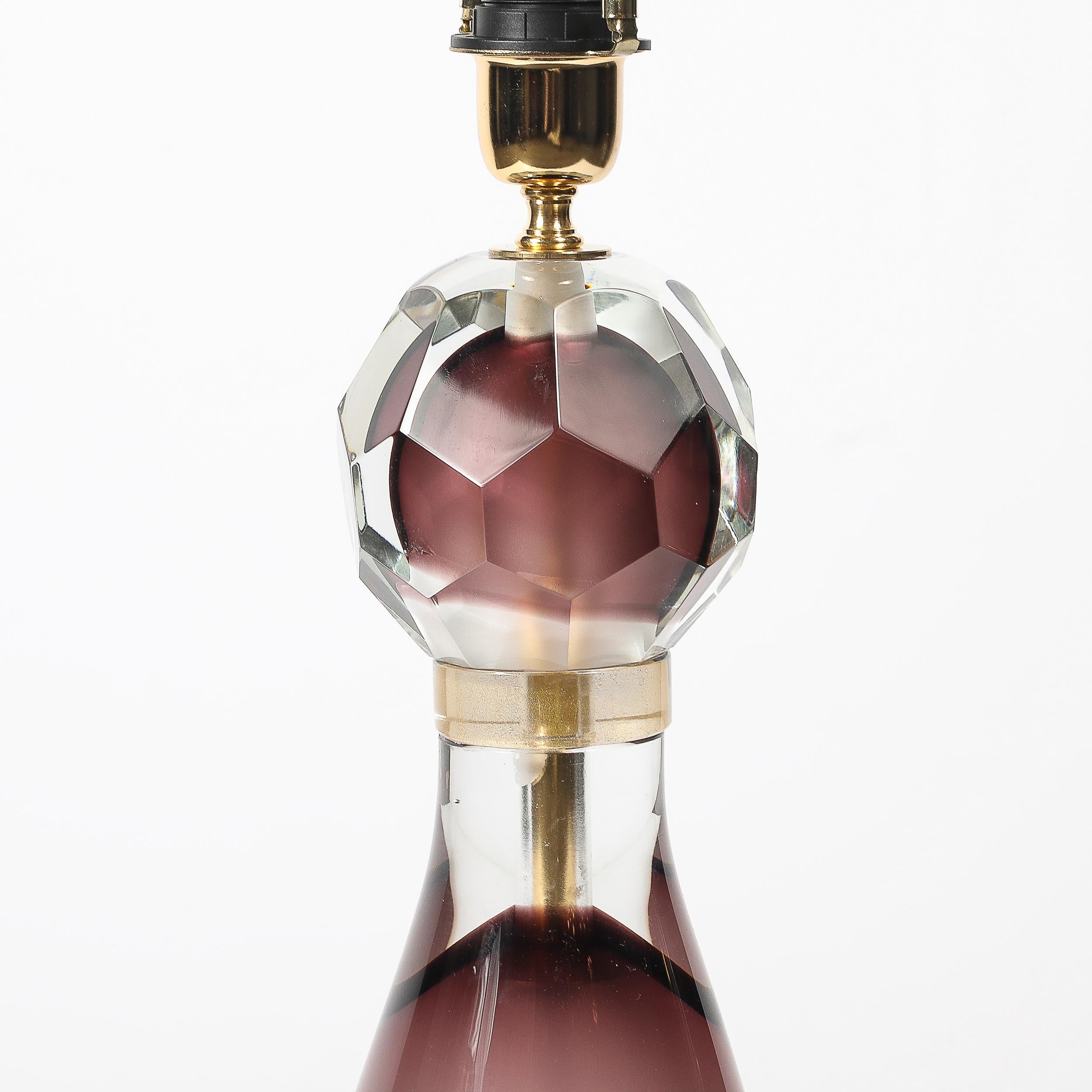 Modernist Facettiert Geräuchert Amethyst Murano Glas Sanduhr Form Tischlampen (Gold) im Angebot