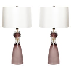 Modernist Facettiert Geräuchert Amethyst Murano Glas Sanduhr Form Tischlampen