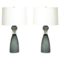 Modernist Faceted Smoked Graphite Murano Glass Hourglass Form Table Lamps