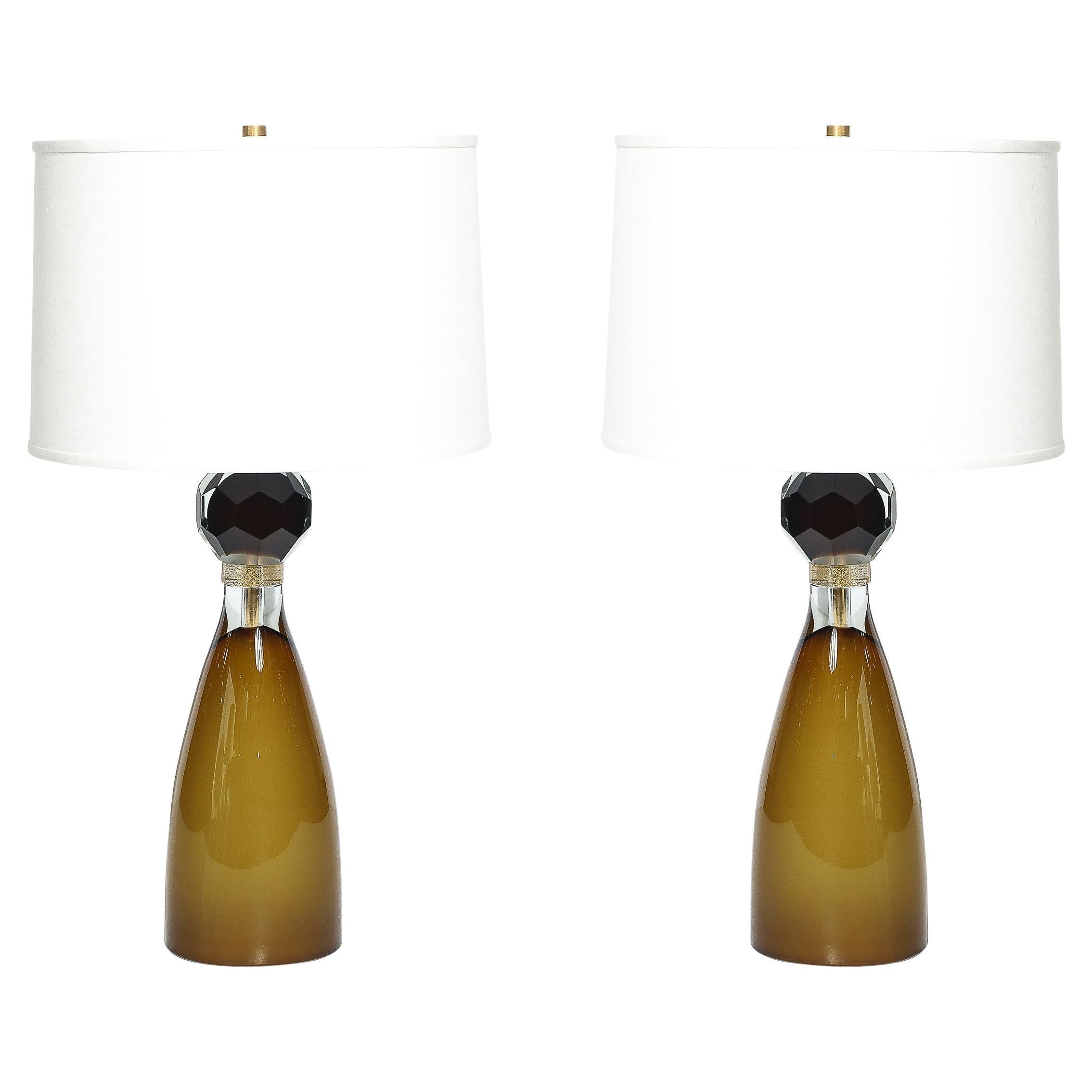 Modernist Faceted Smoked Tobacco Murano Glass Hourglass Form Table Lamps