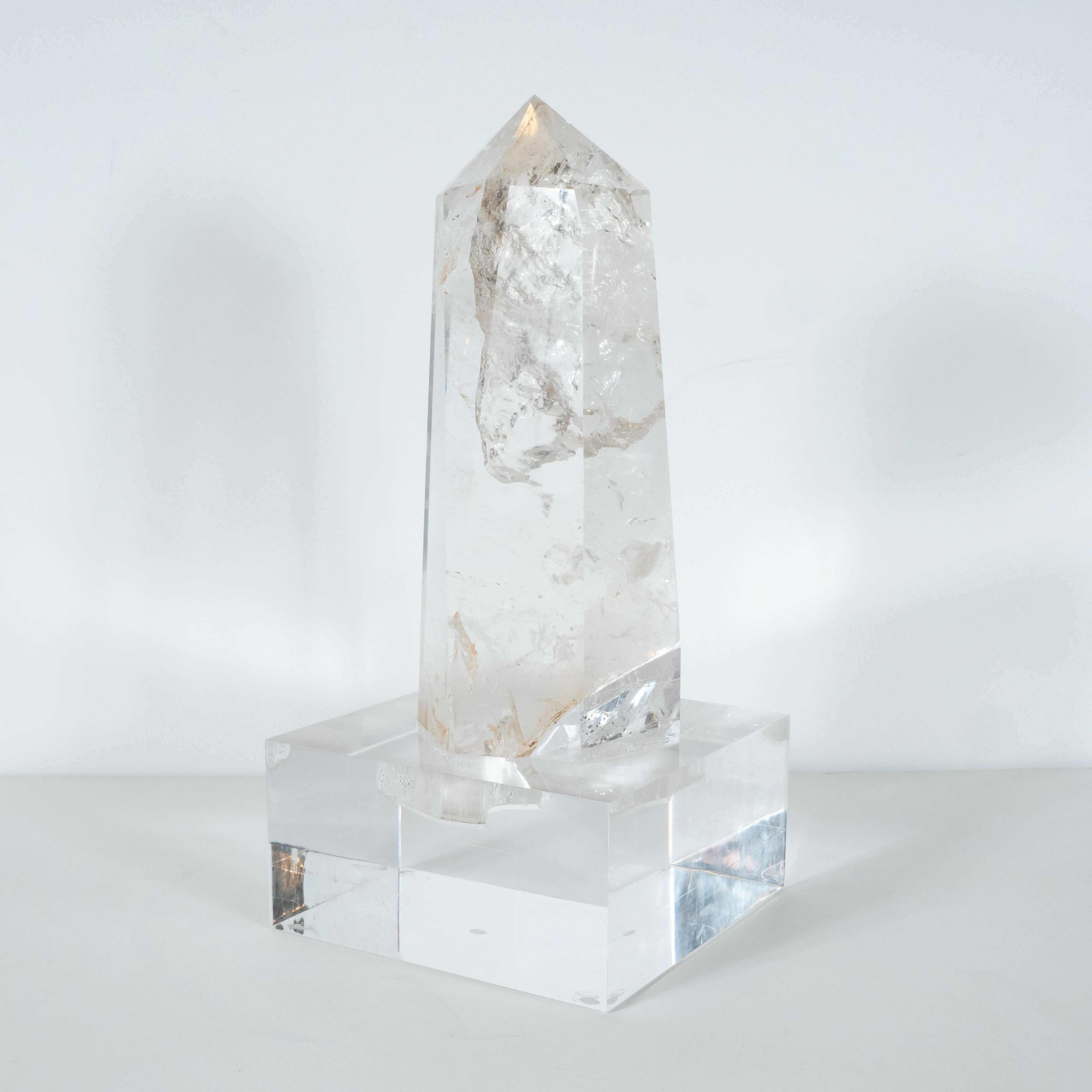 Modernist Faceted Translucent Rock Crystal Obelisk on Volumetric Lucite Base 3