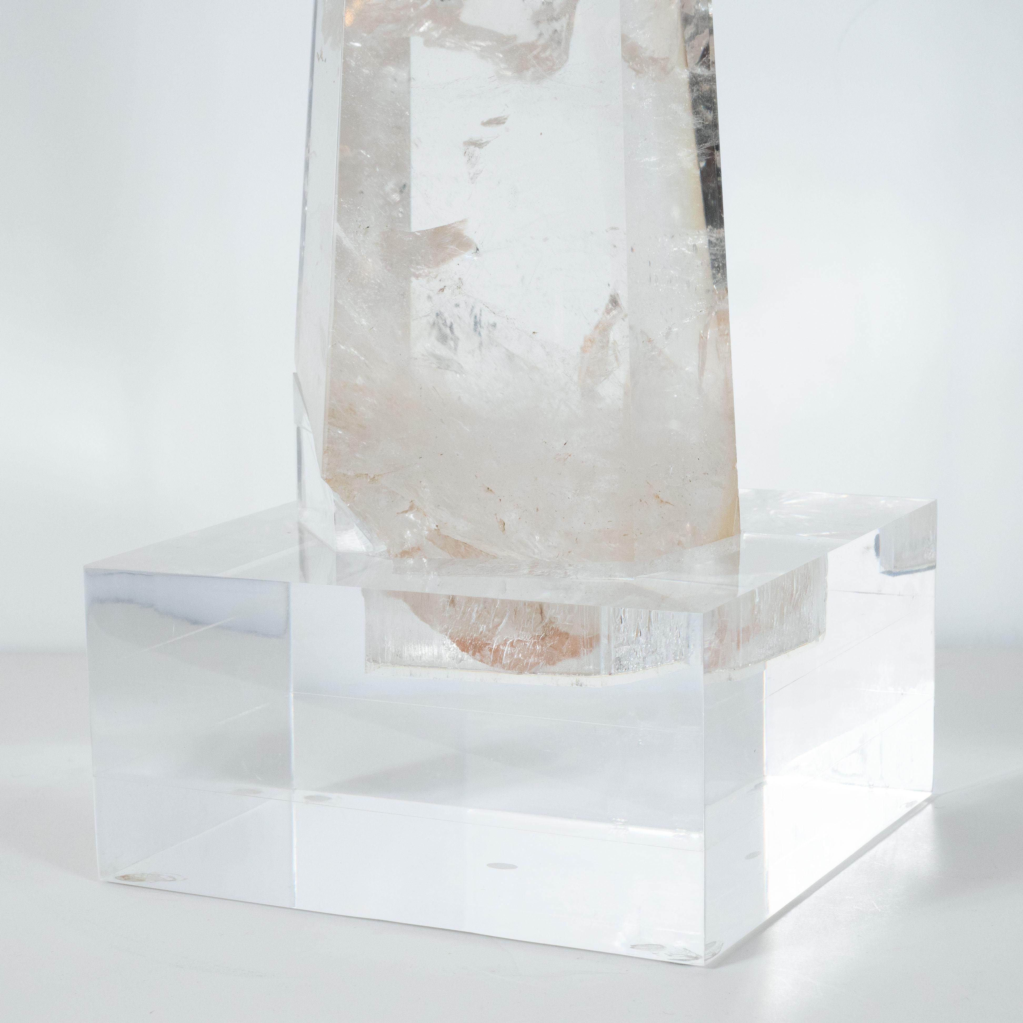 Organic Modern Modernist Faceted Translucent Rock Crystal Obelisk on Volumetric Lucite Base