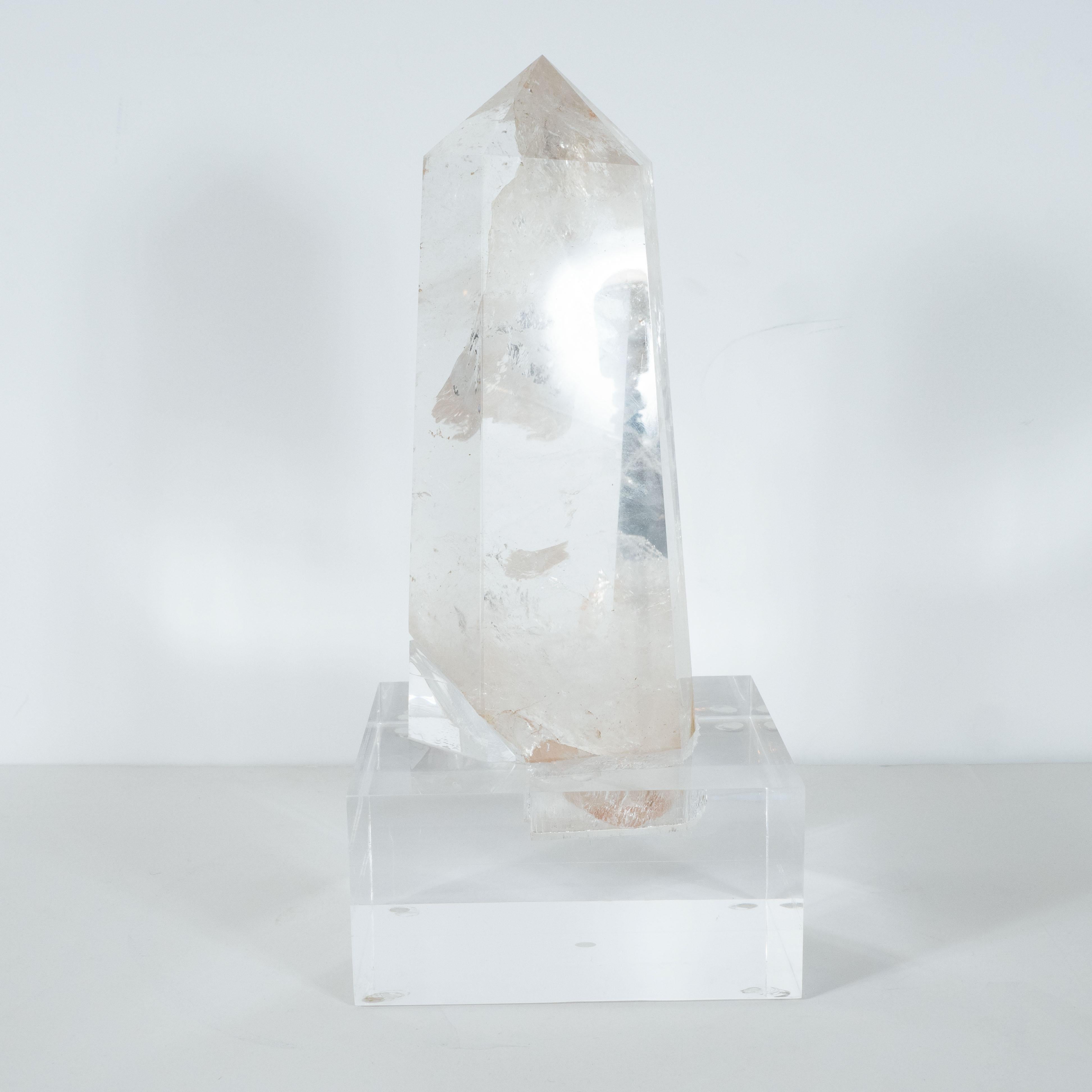 Brazilian Modernist Faceted Translucent Rock Crystal Obelisk on Volumetric Lucite Base