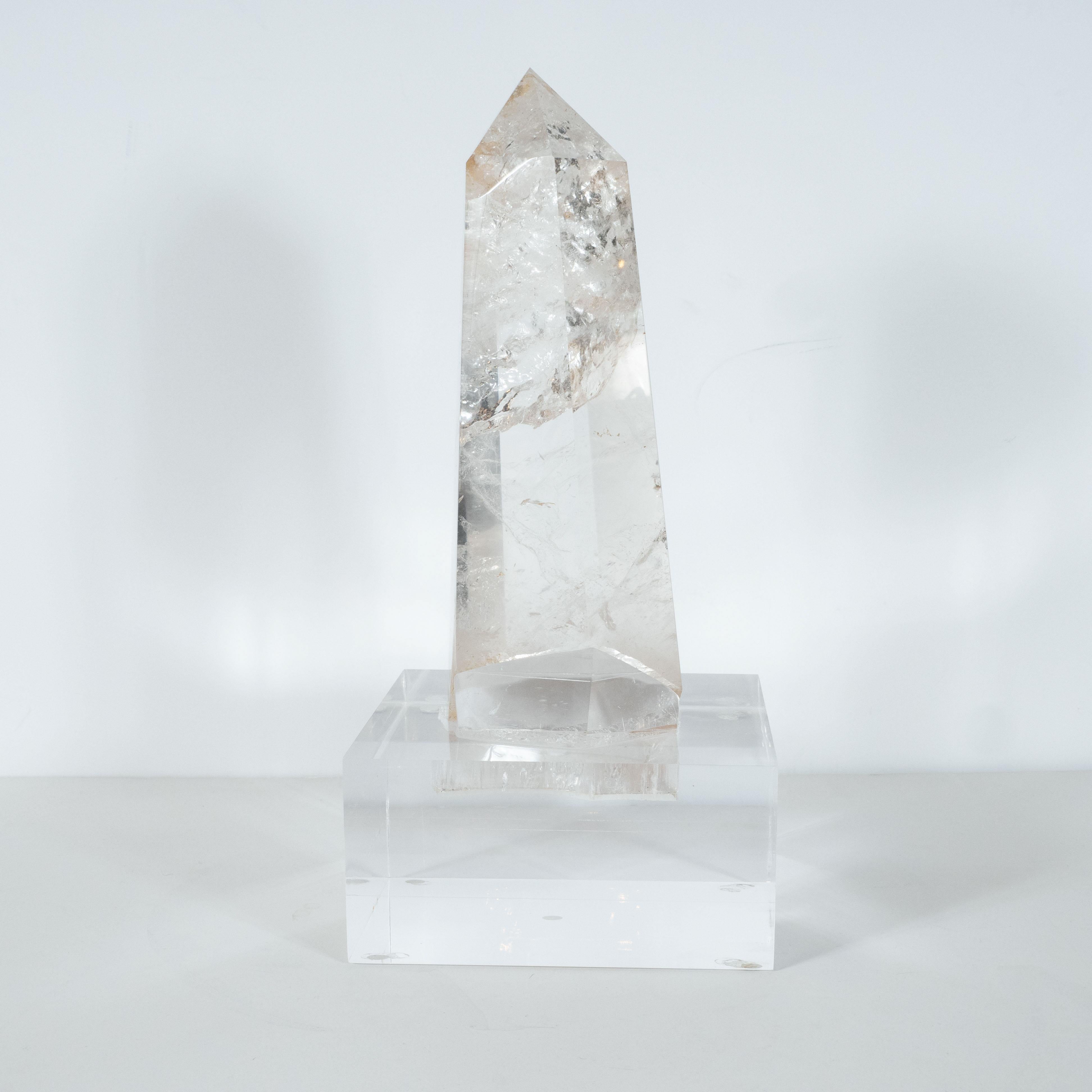 Contemporary Modernist Faceted Translucent Rock Crystal Obelisk on Volumetric Lucite Base