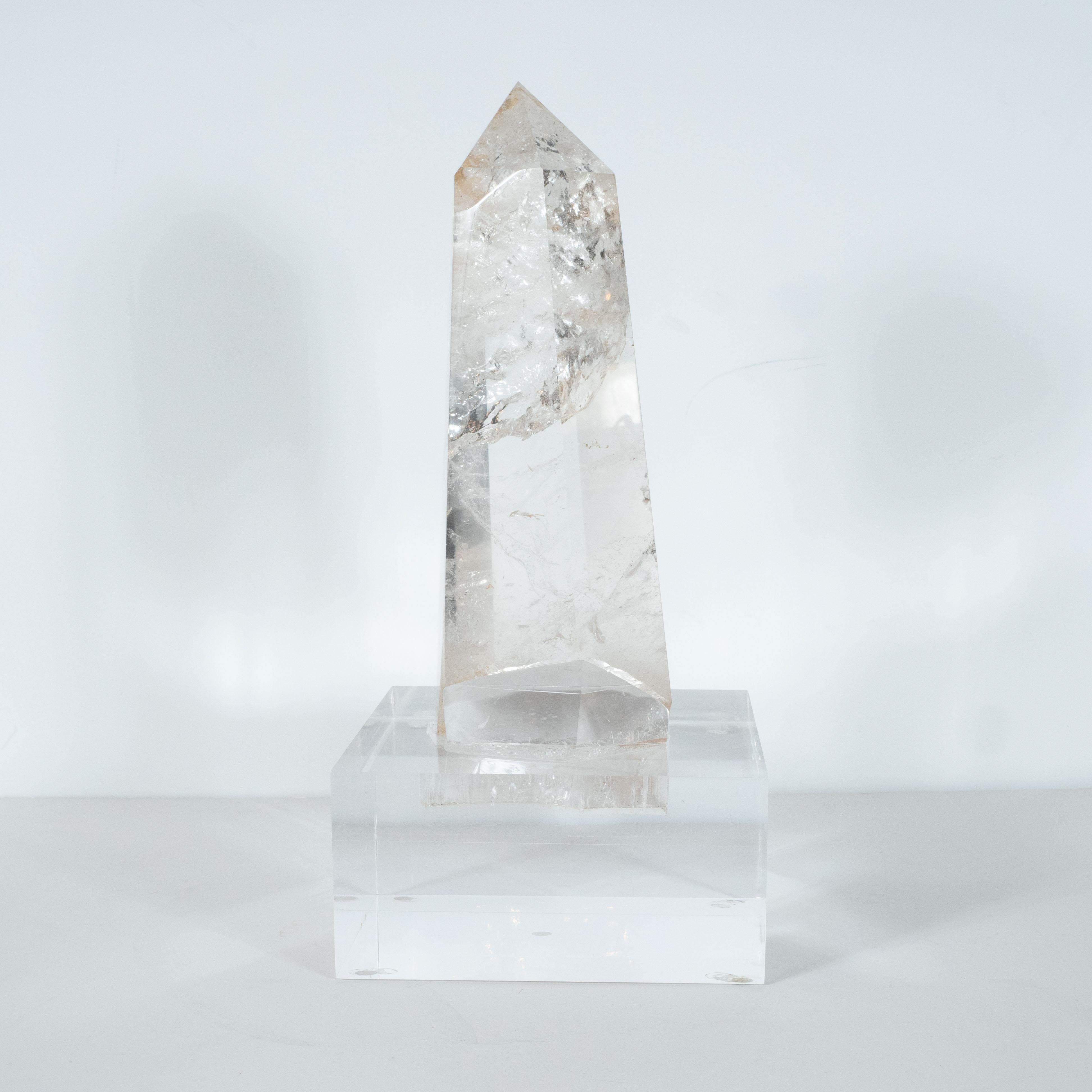 Quartz Modernist Faceted Translucent Rock Crystal Obelisk on Volumetric Lucite Base