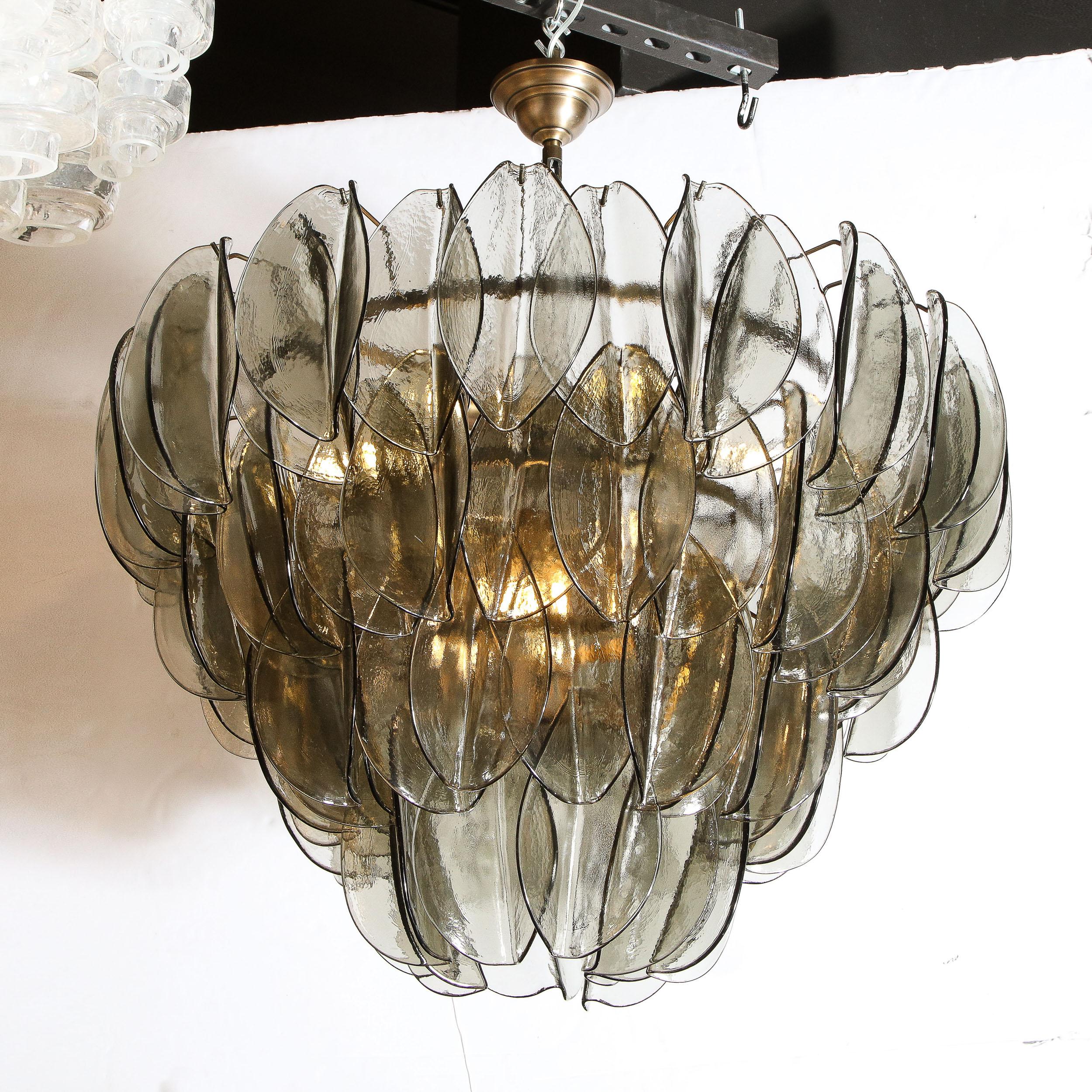 Italian Modernist Feather Chandelier in Murano Smoked Topaz Glass and Oil Rubbed Bronze For Sale