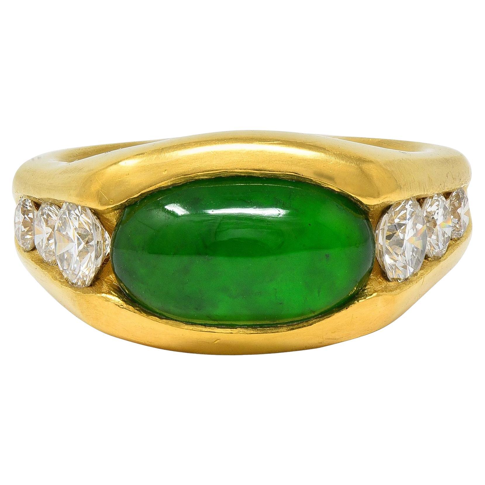Modernist Fei Cui Jadeite Jade Diamond 18 Karat Yellow Gold Vintage Channel Ring