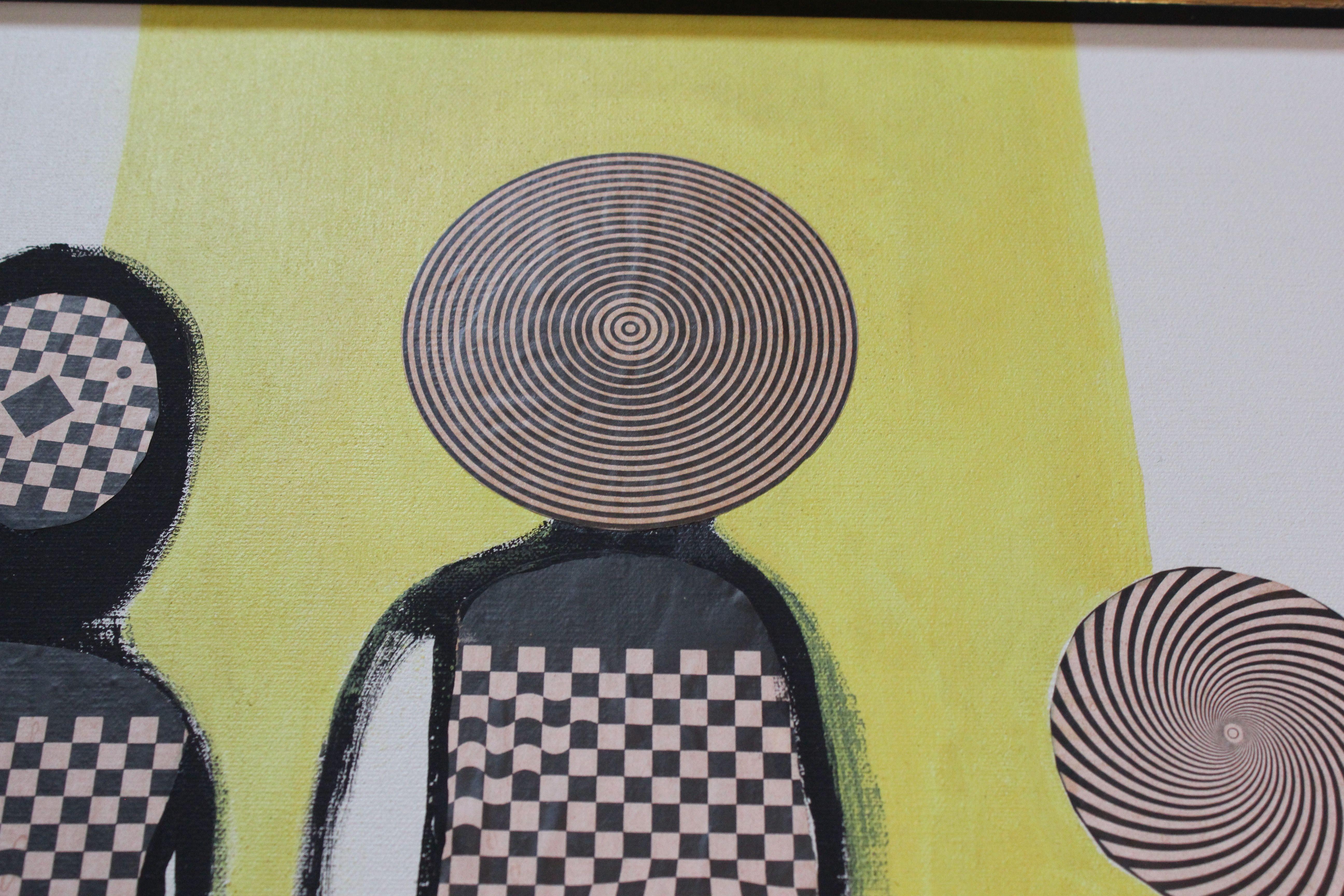 Paint Modernist Figural Op Art Mixed Media on Canvas by Silverman For Sale