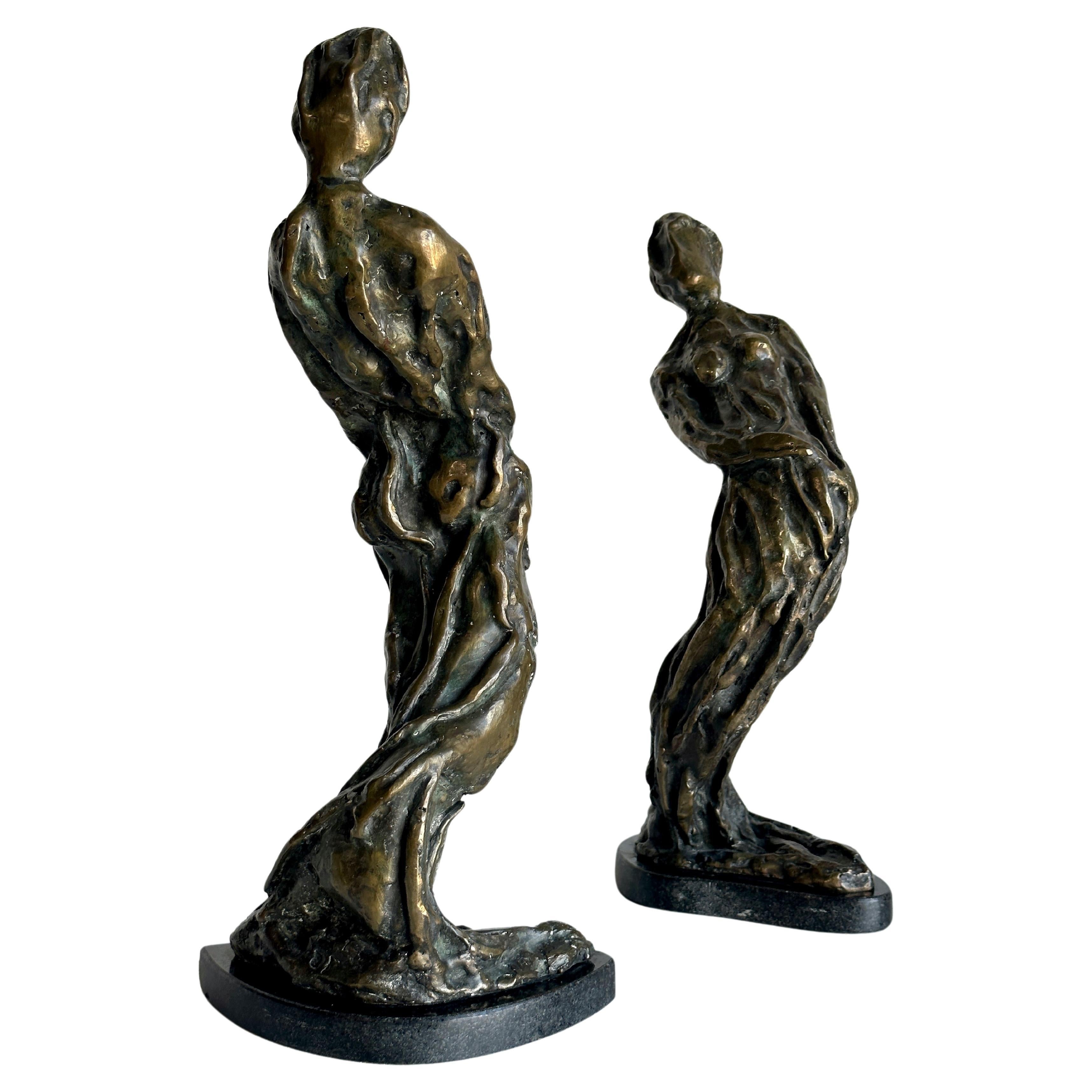 Modernist figurative abstract bronze sculptures, sold as a pair. Both signed by the artist- appears to read “Marks”.  Highly textured and manipulated surface, really nicely cast, likely in a lost wax casting process. Good size- the largest being
