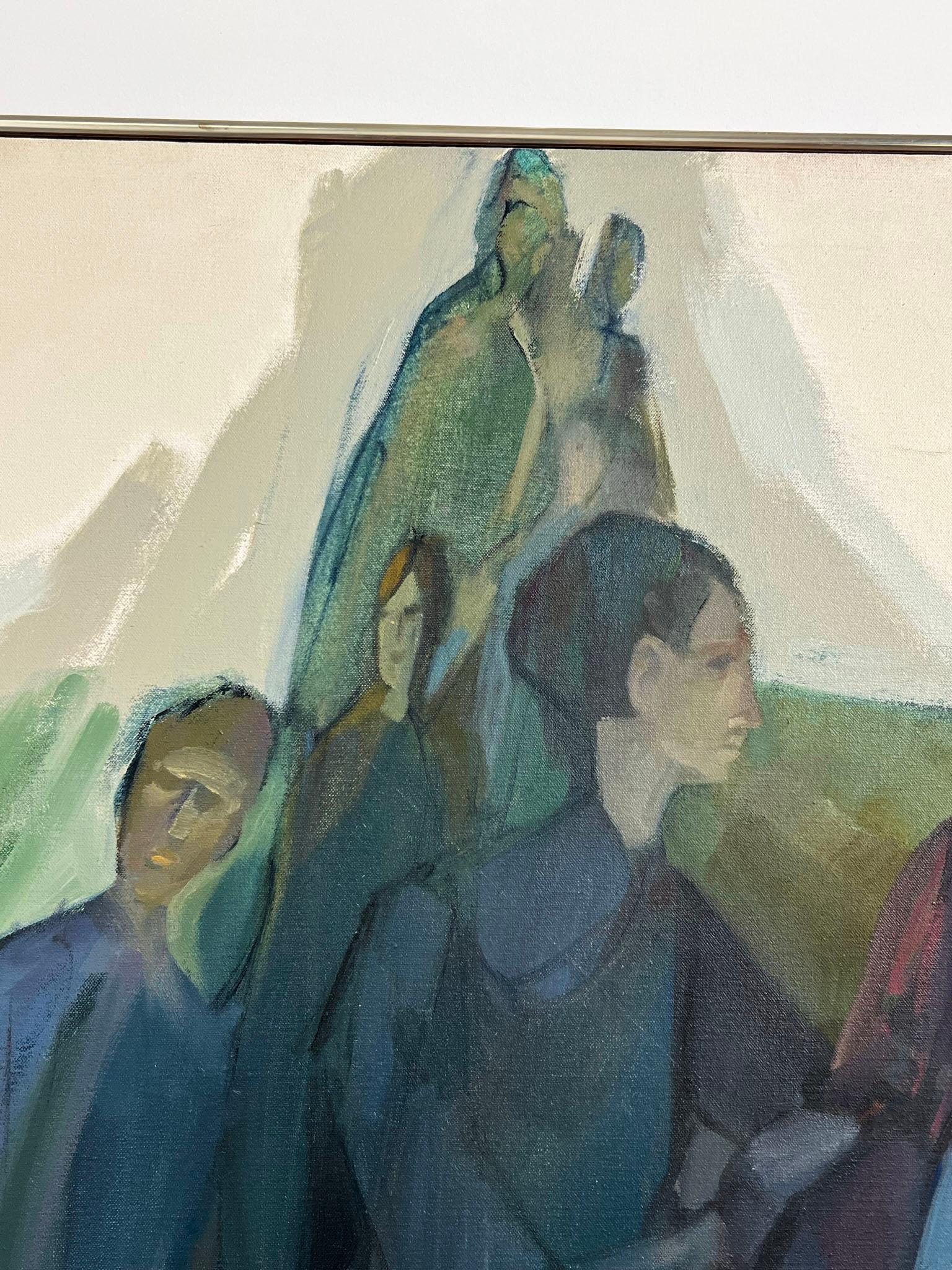 Mid-century modernist painting circa 1960s by Betty Barnes Loehle (1923-2013), depicting a grouping of elongated young figures on a hillside. She and her husband Richard were both noted artists and members of the Georgia State Art Collection.